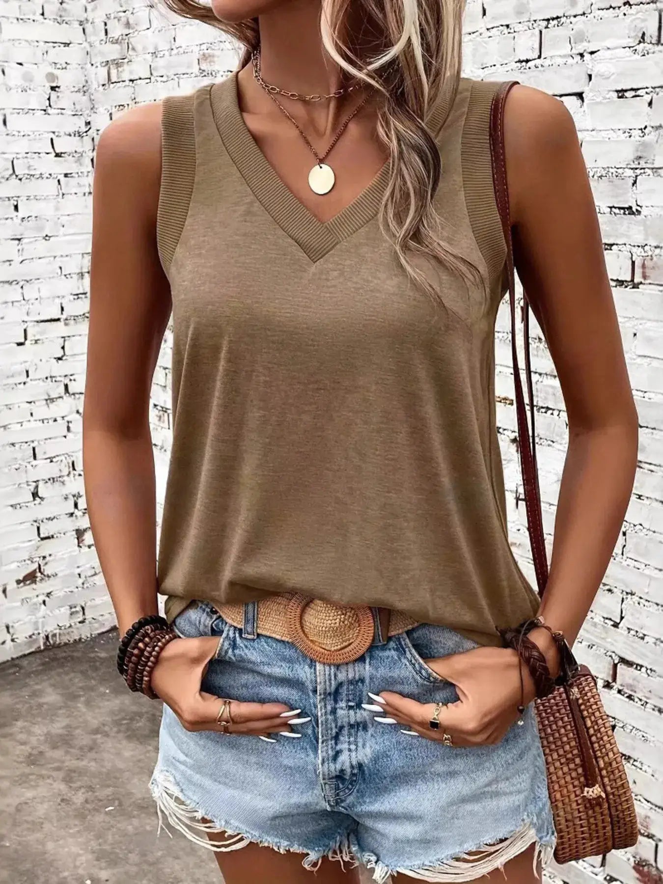 V-Neck Tank top in tan beige, sleeveless basic style