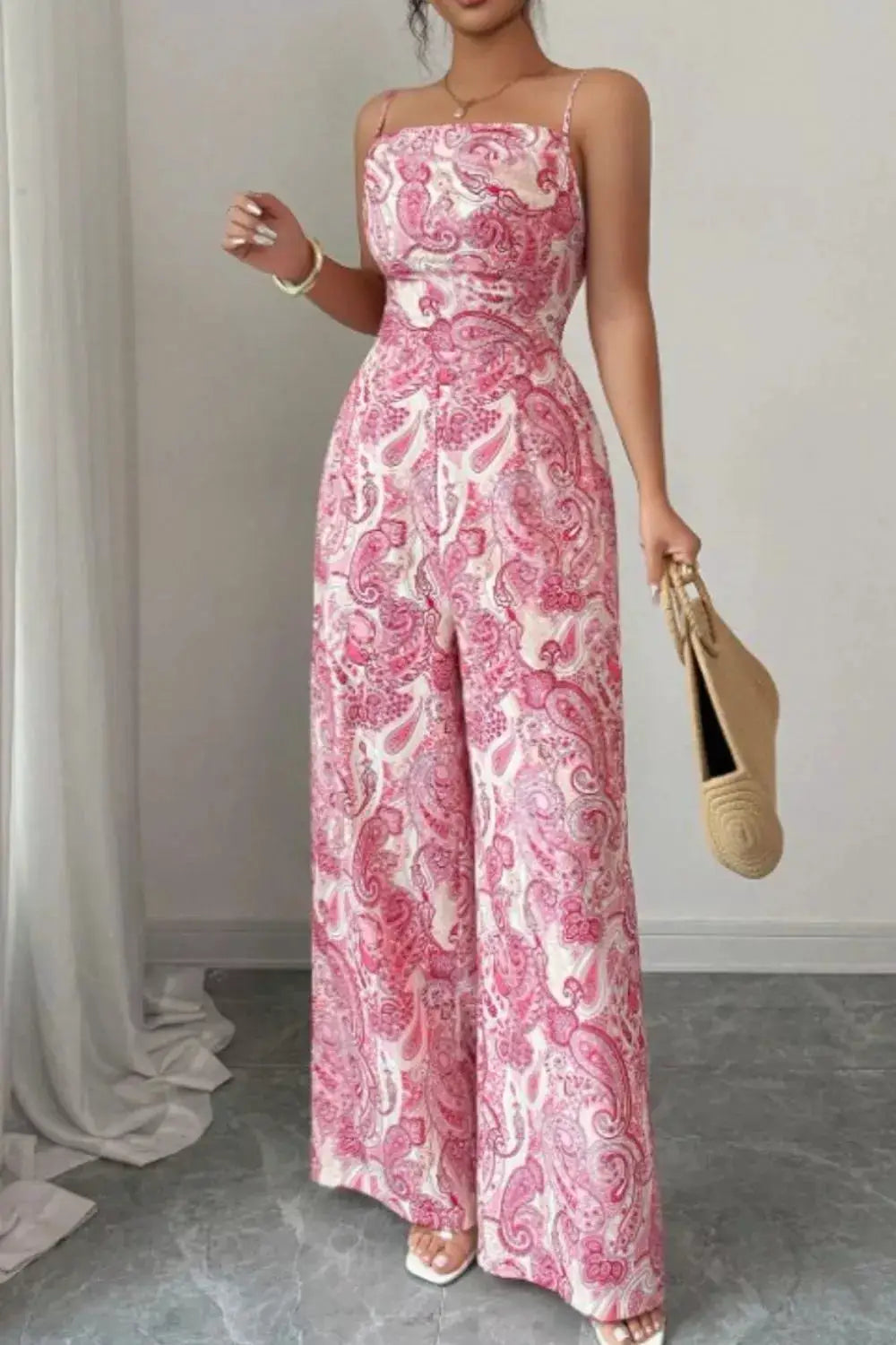 Paisley Print Wide-Leg Jumpsuit in pink and white with spaghetti straps