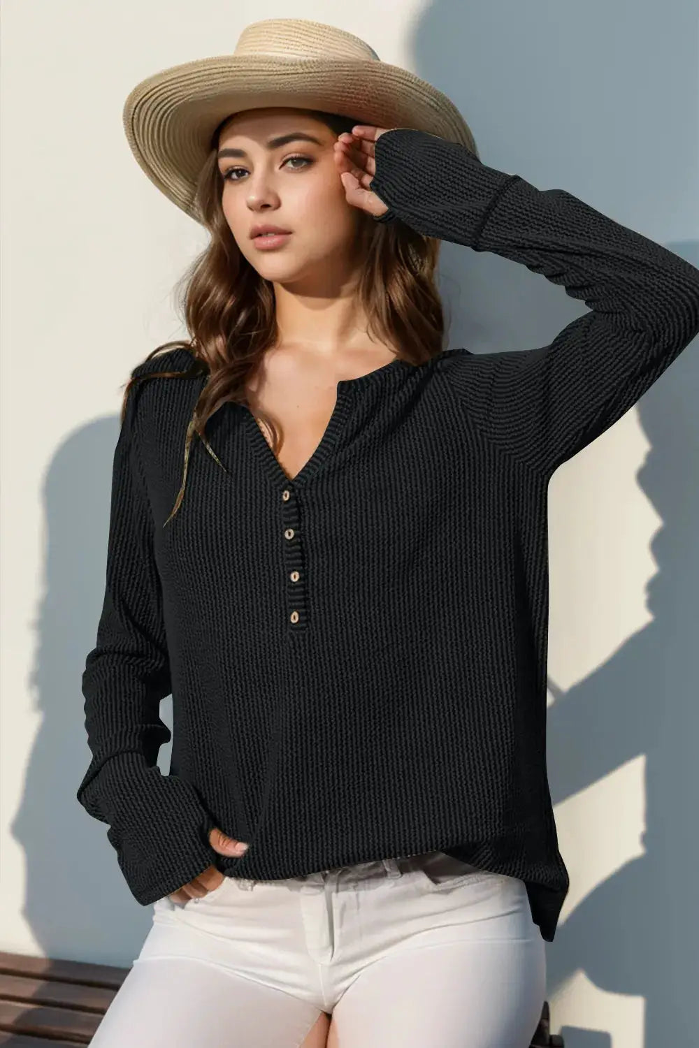Double Take Full Size Notched Thumbhole Long Sleeve T-Shirt in black knit by Belle Bijouix