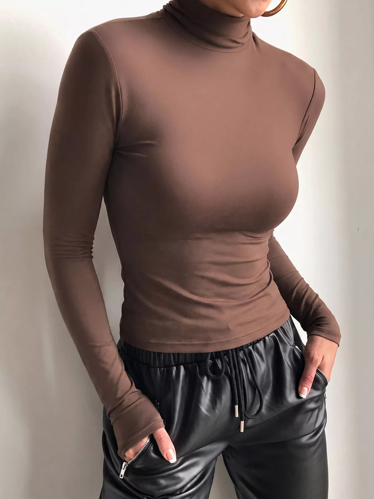 Polyester-Blend Mock Neck Long Sleeve Top