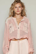 POL Texture Woven Button Down Hooded Shirt with Drawstring Hem in pink mesh with chest pockets