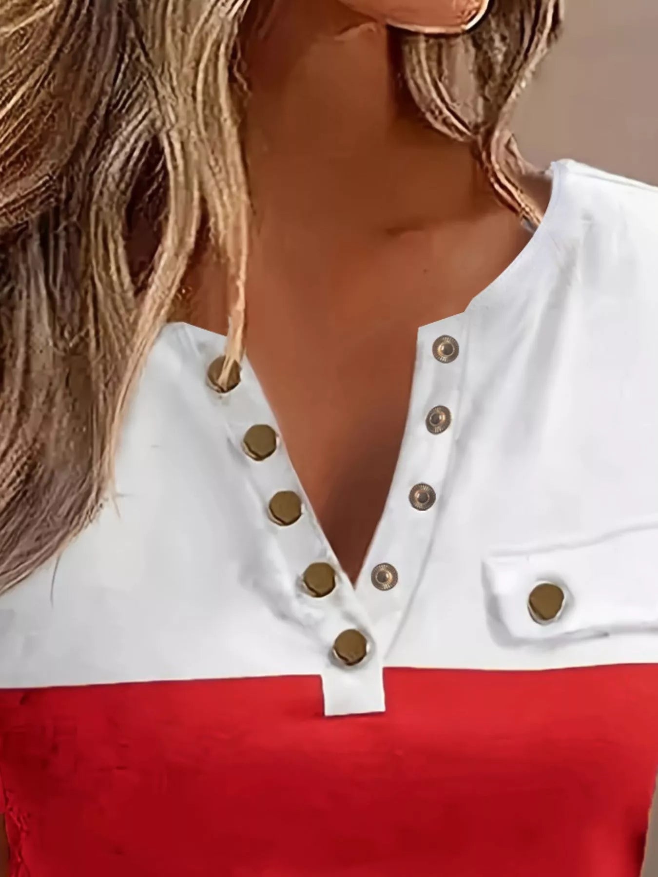 Color Block Short Sleeve Casual T-Shirt in white with gold-tone button placket over red bottom band