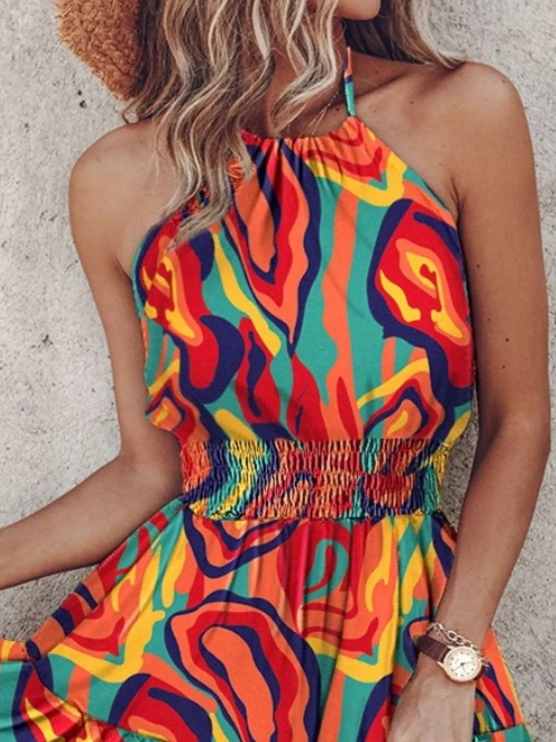 Paisley Print Halter Neck Mini Dress; multicolor paisley pattern with smocked waist and ruffled hemline