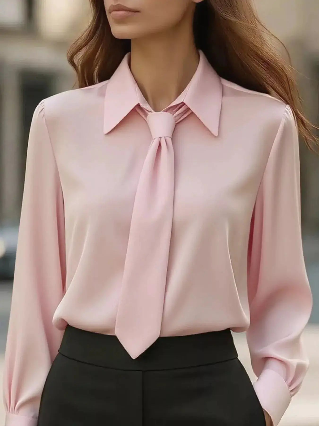 Collared Neck Long Sleeve Blouse in pale pink with a front necktie and silky finish.