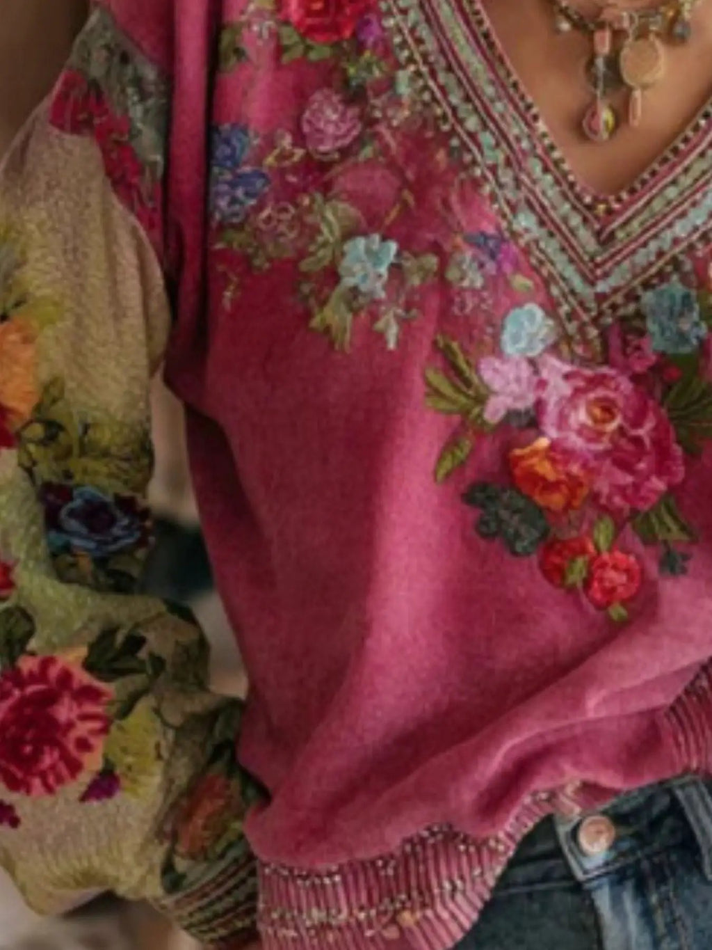 Full Size Floral Embroidered V-Neck Blouse, pink plus size, Trendsi