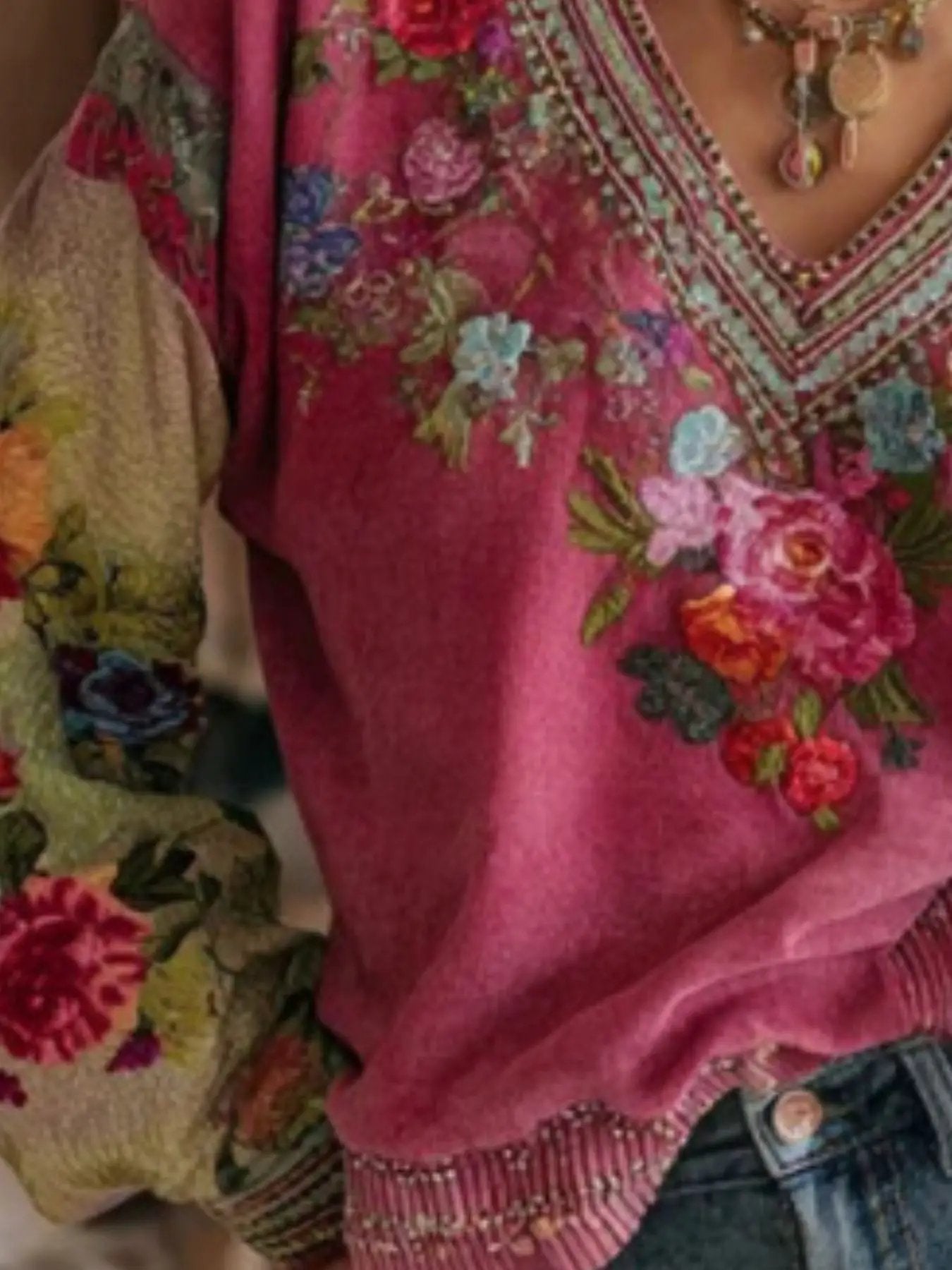 Full Size Floral Embroidered V-Neck Blouse, pink plus size, Trendsi