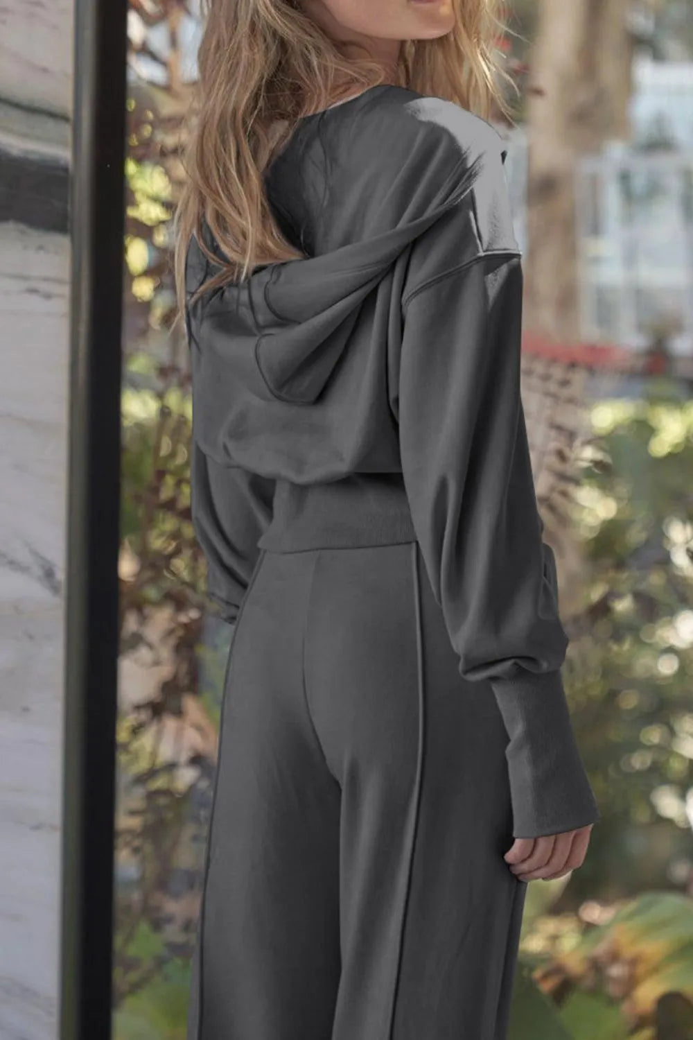 Zip-Up Hoodie and Pants Active Set in charcoal gray with drawstring and zipper.