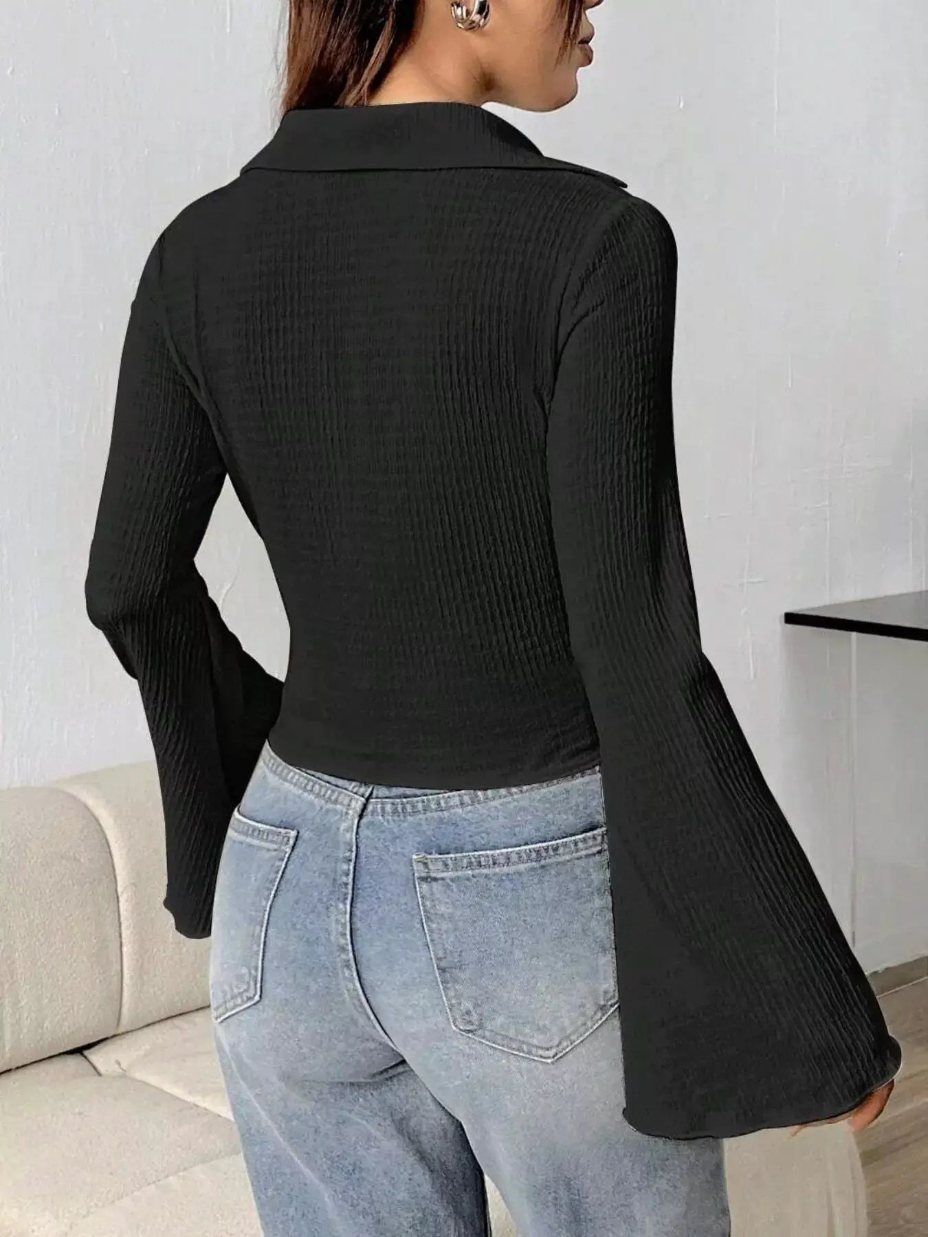 Button Up Flare Sleeve Shirt by Trendsi, black ribbed long-sleeve top