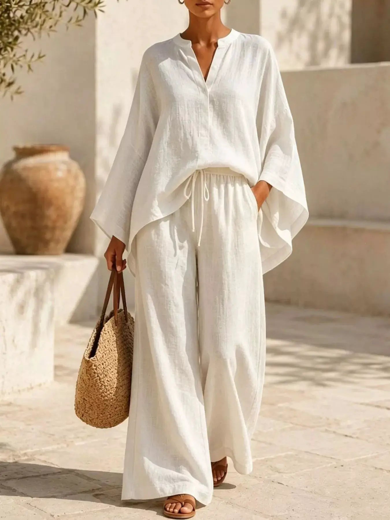 Plus Size Notched Long Sleeve Top & Wide-Leg Pants Set, 2-piece cream linen outfit by Belle Bijouix