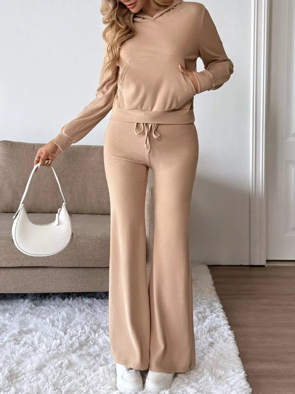 Beige long-sleeve hoodie and pants loungewear set with kangaroo pocket and drawstring waist