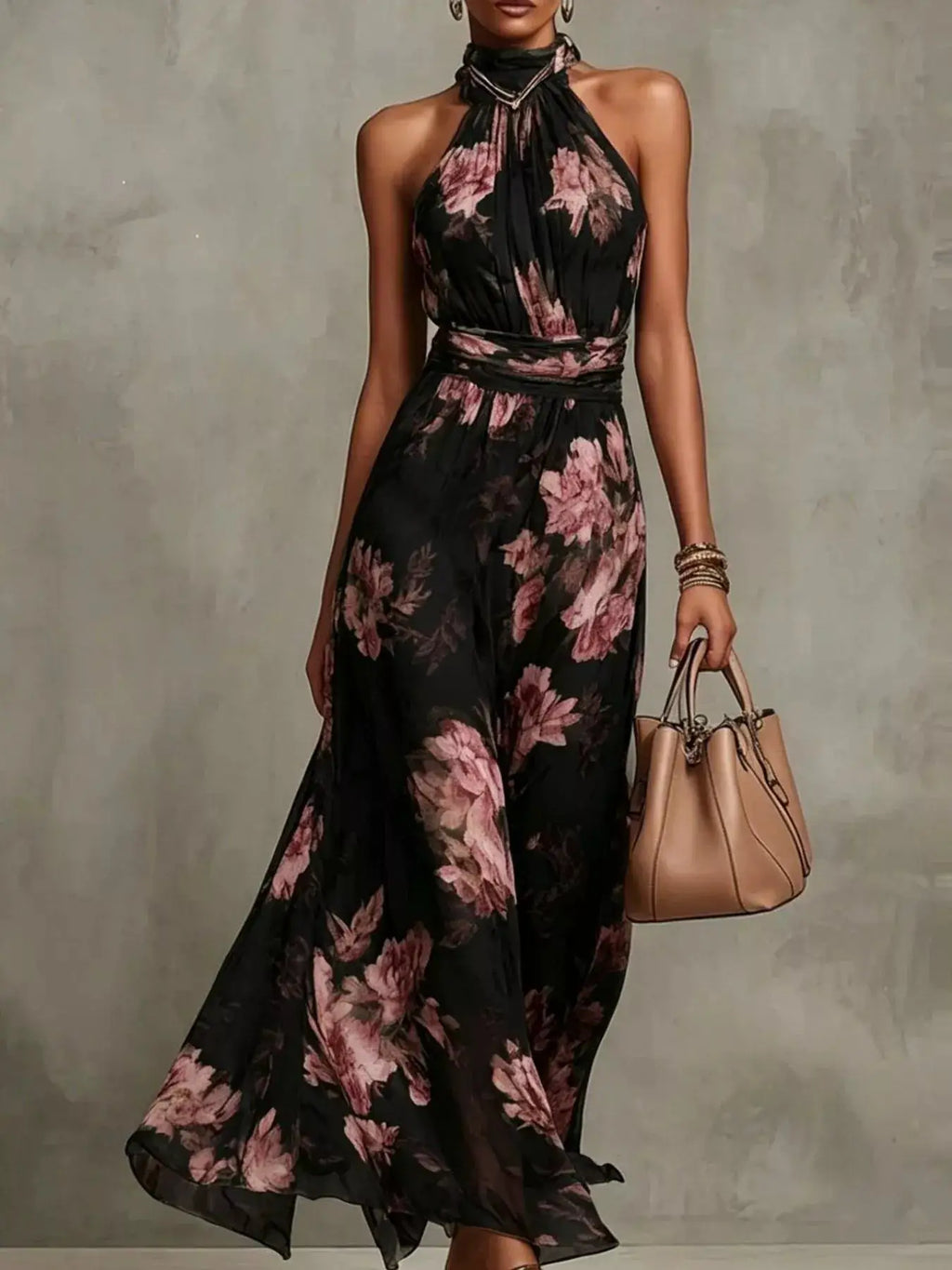 Full Size Floral Print Sleeveless Halter Maxi Dress in black with pink blooms and wrapped waist