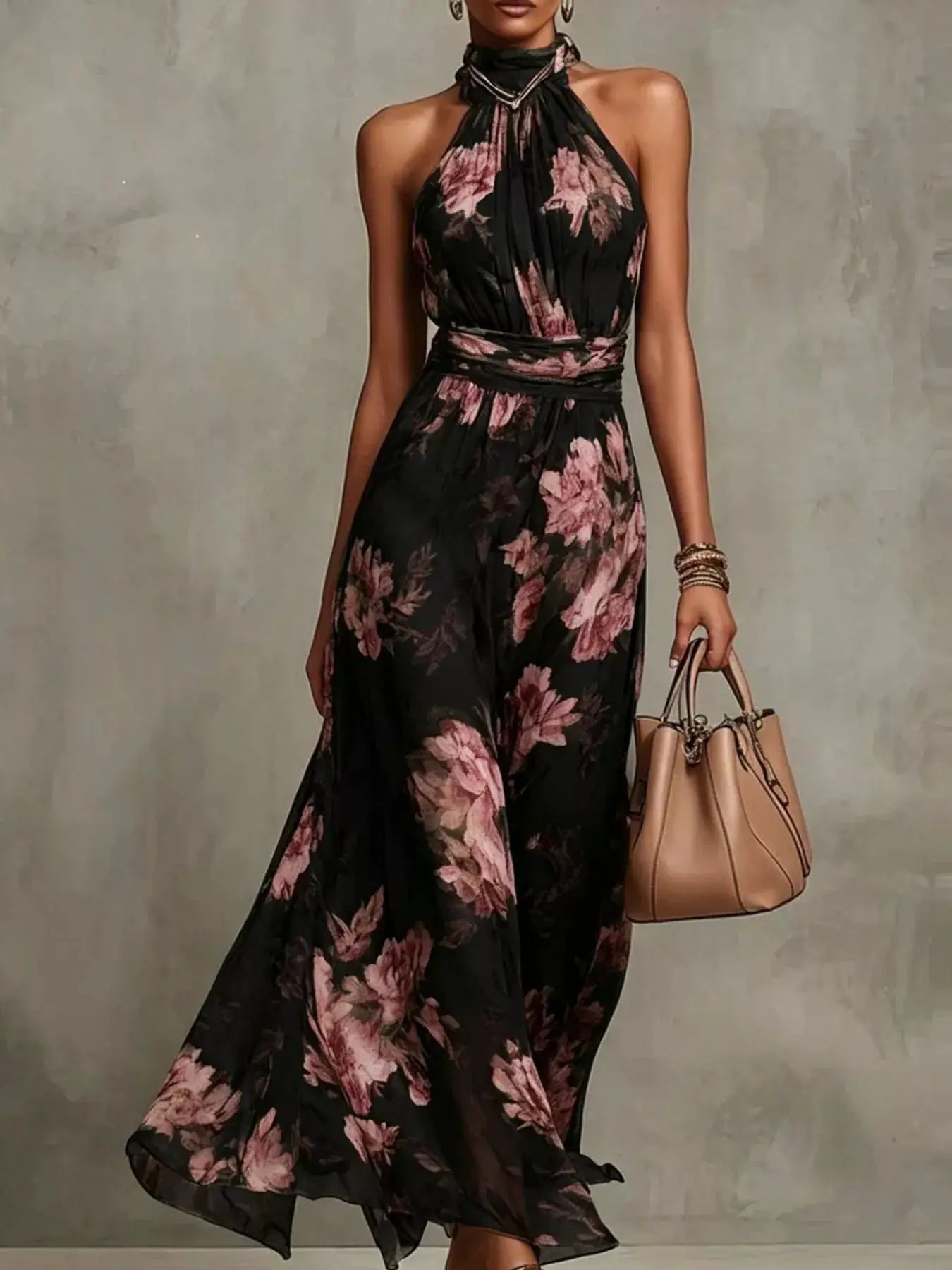 Full Size Floral Print Sleeveless Halter Maxi Dress in black with pink blooms and wrapped waist