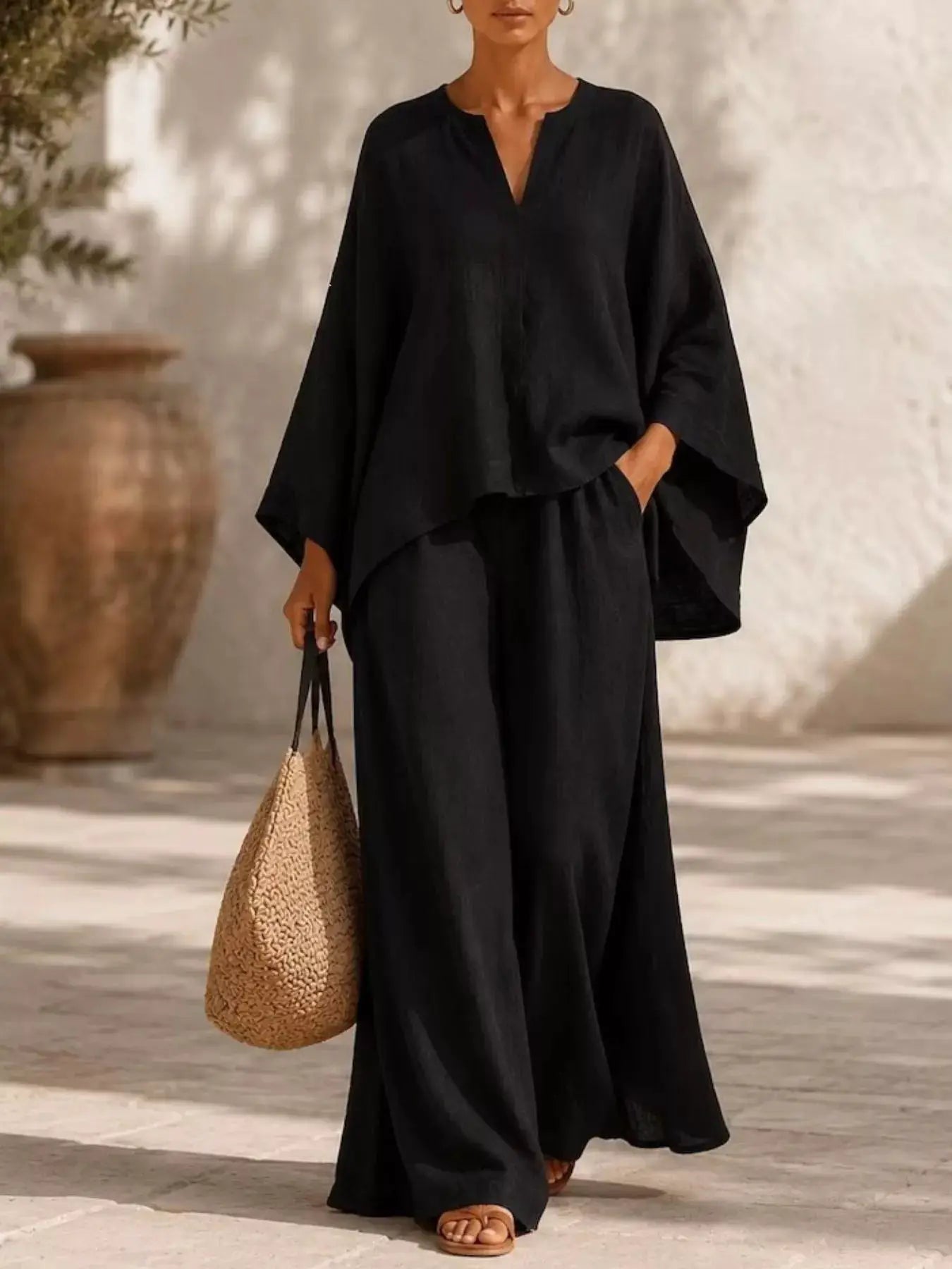 Plus Size Notched Long Sleeve Top & Wide Leg Pants Set, black, with woven straw bag