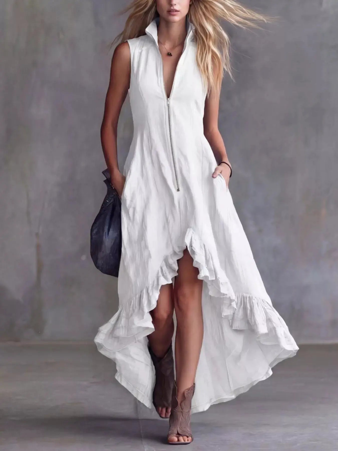 Dress with white polyester, zipper-front, high-low ruffled hem.