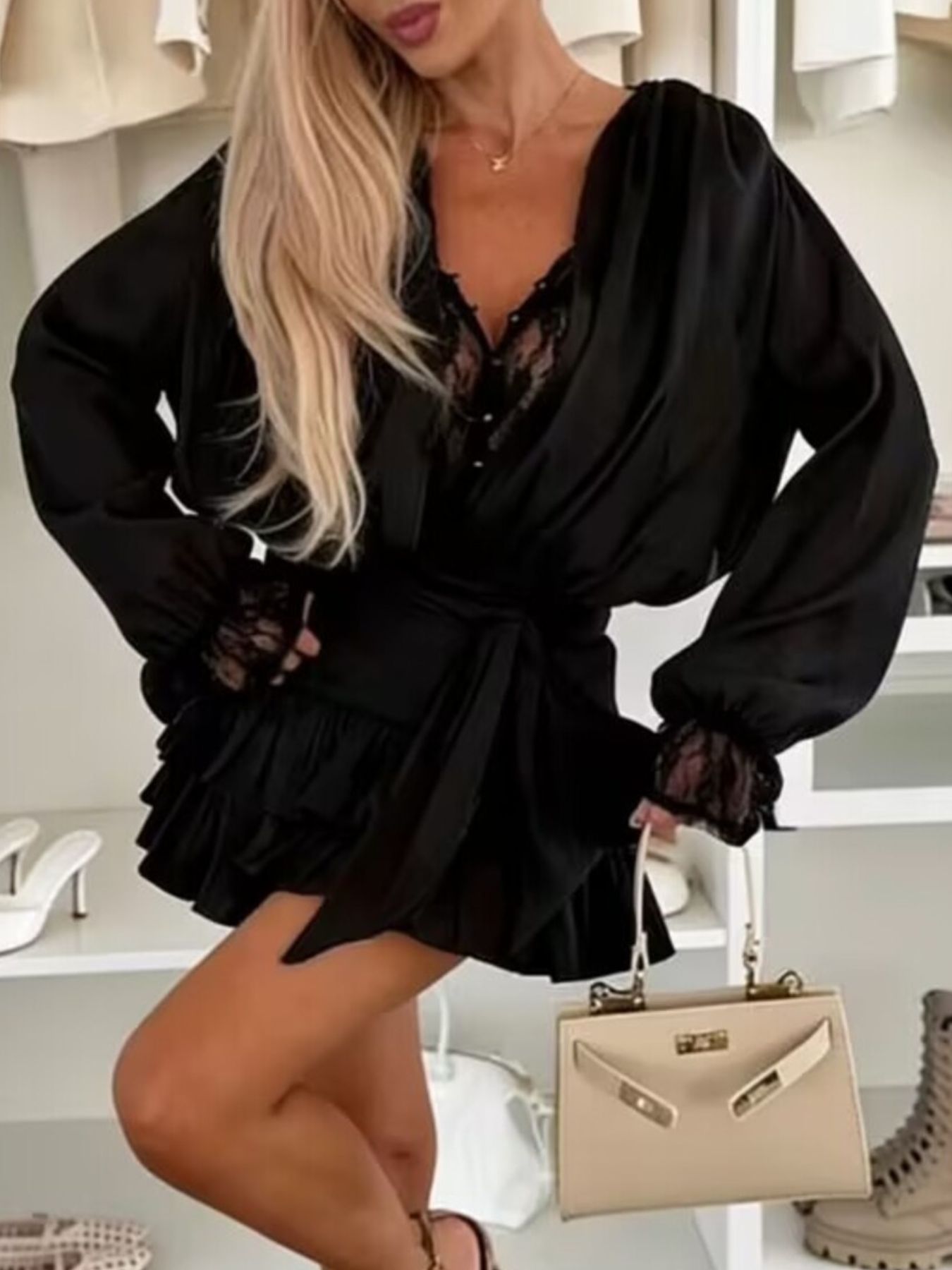 Dress by Belle Bijouix: black lace long-sleeve dress with short liner, V-neck lace, waist tie, tiered ruffle skirt, puff sleeves.
