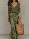 V-Neck Sweater & Satin Slip Maxi Dress Set in Dark Green by Belle Bijouix – view 1 of 41