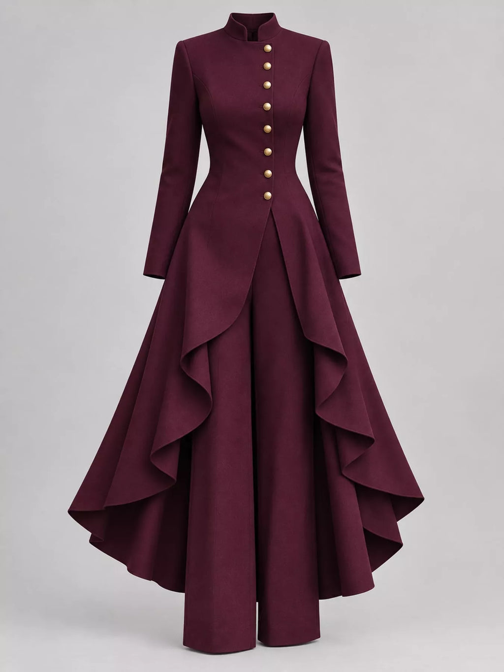 Ruffled High-Low Button Tunic & Wide-Leg Pants Set in Dark Magenta by Belle Bijouix – view 71 of 82
