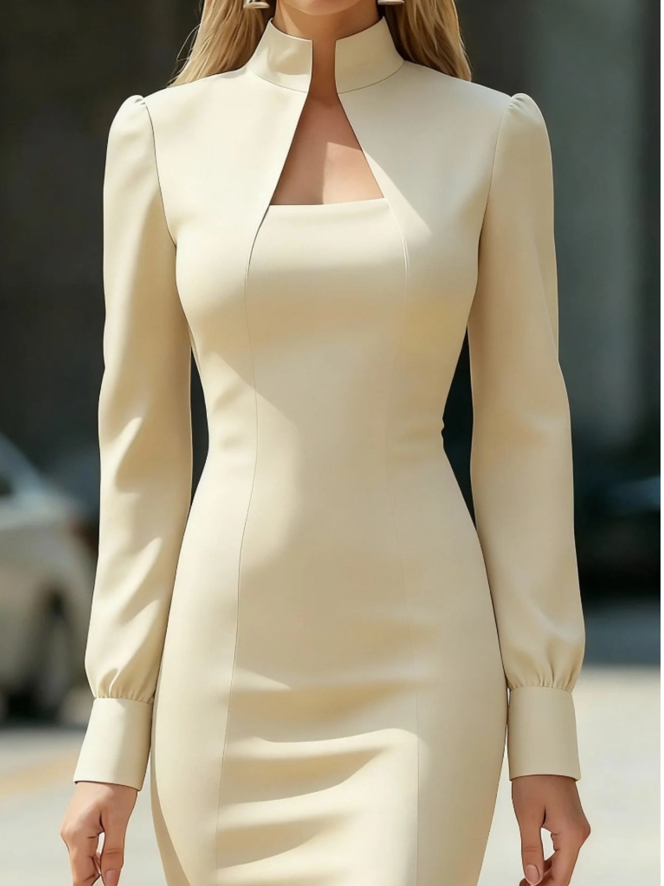 Slit High Neck Long Sleeve Dress in ivory by Trendsi