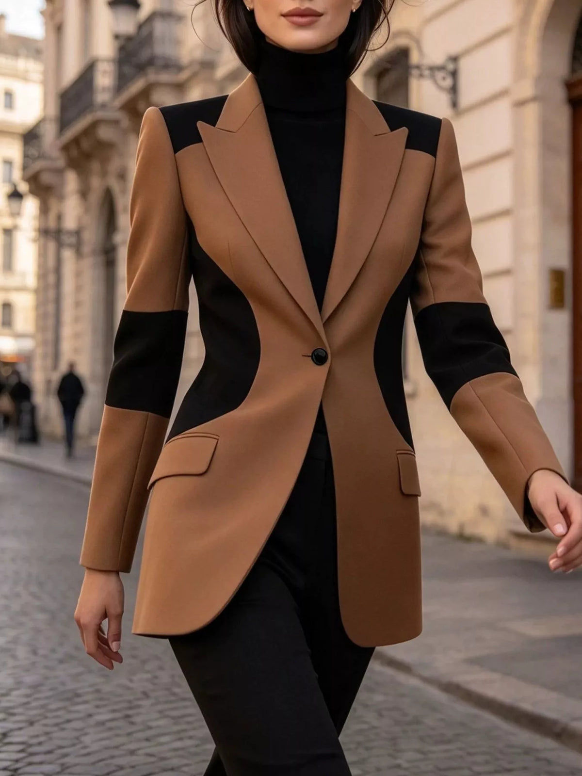 Color-Block One-Button Blazer in Brown by Belle Bijouix – view 2 of 4