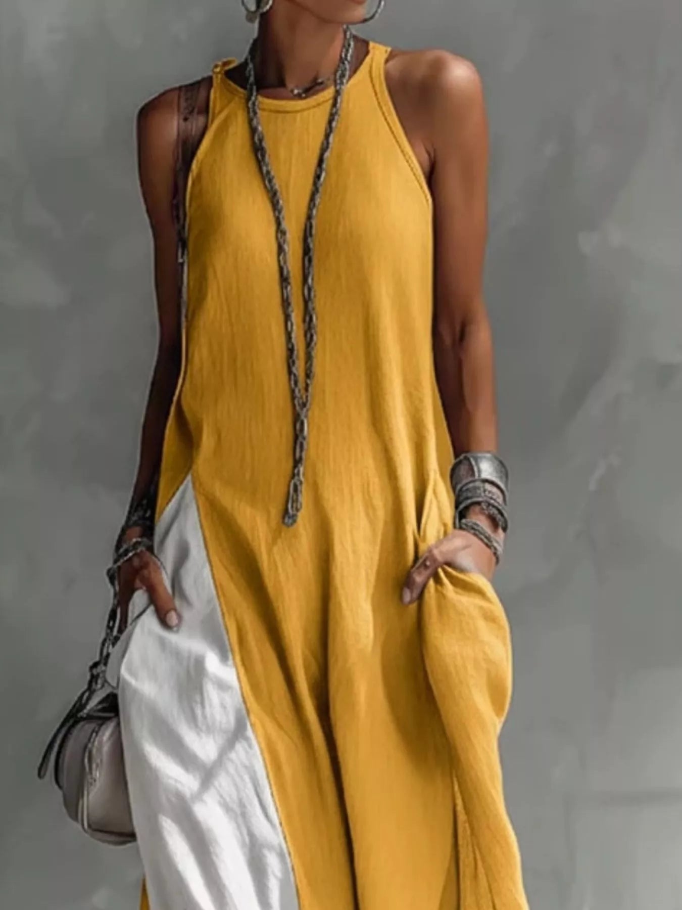 Two-Tone Sleeveless Maxi Dress in yellow with white side panel, by Trendsi