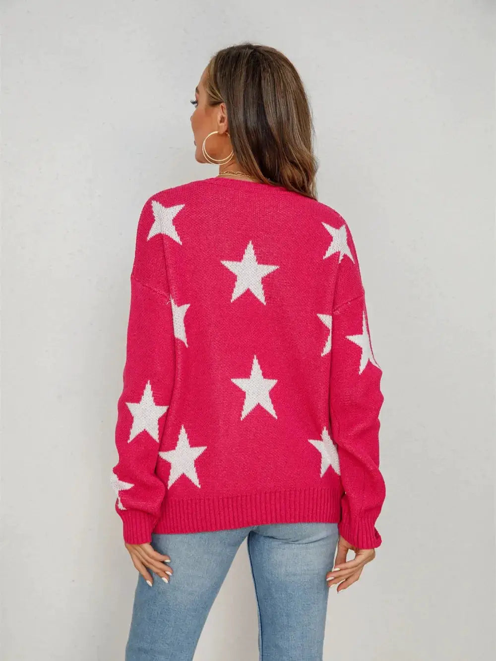 Angel Wings Star Round Neck Dropped Shoulder Sweater, pink with white stars