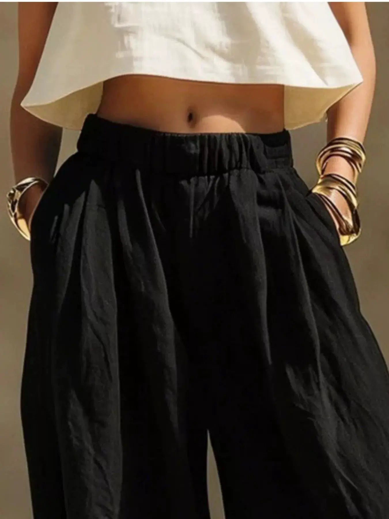Full Size Elastic Waistband Wide-Leg Pants, black, plus size, Trendsi.