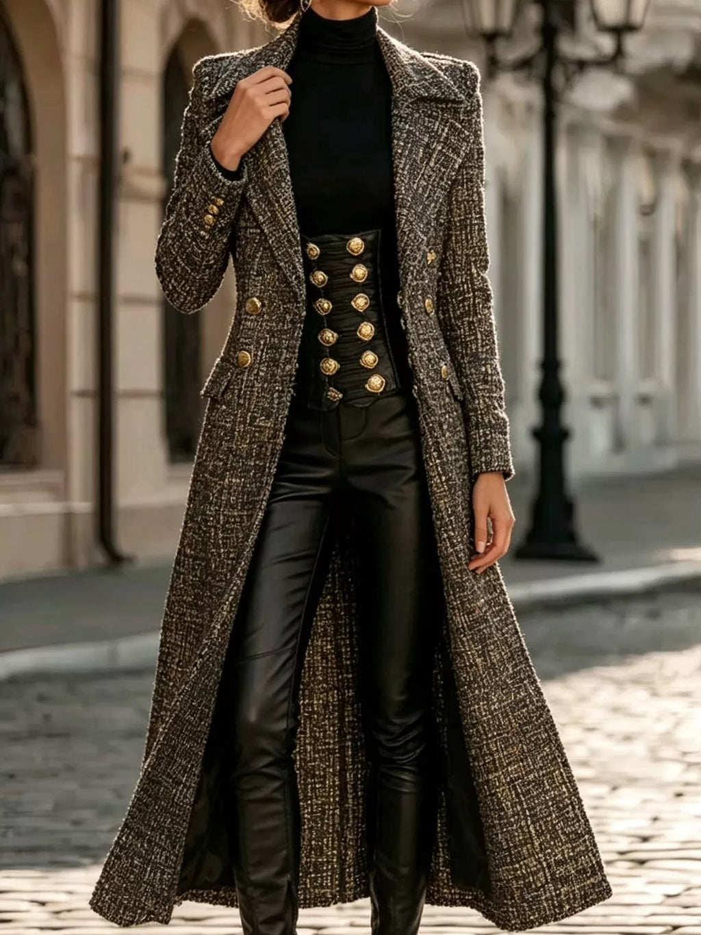 Tweed Double-Breasted Longline Coat in Heather Gray by Belle Bijouix – view 1 of 4