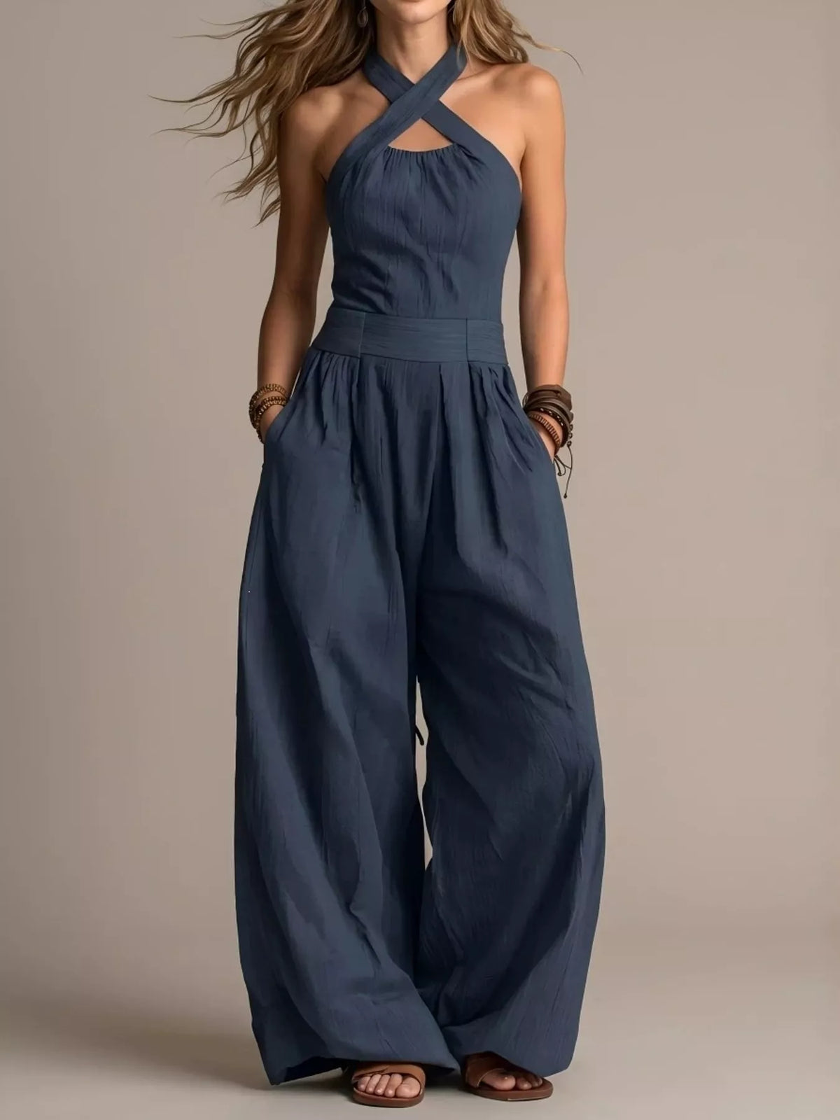 Crisscross Halter Linen Wide-Leg Jumpsuit in Navy by Belle Bijouix – view 8 of 45