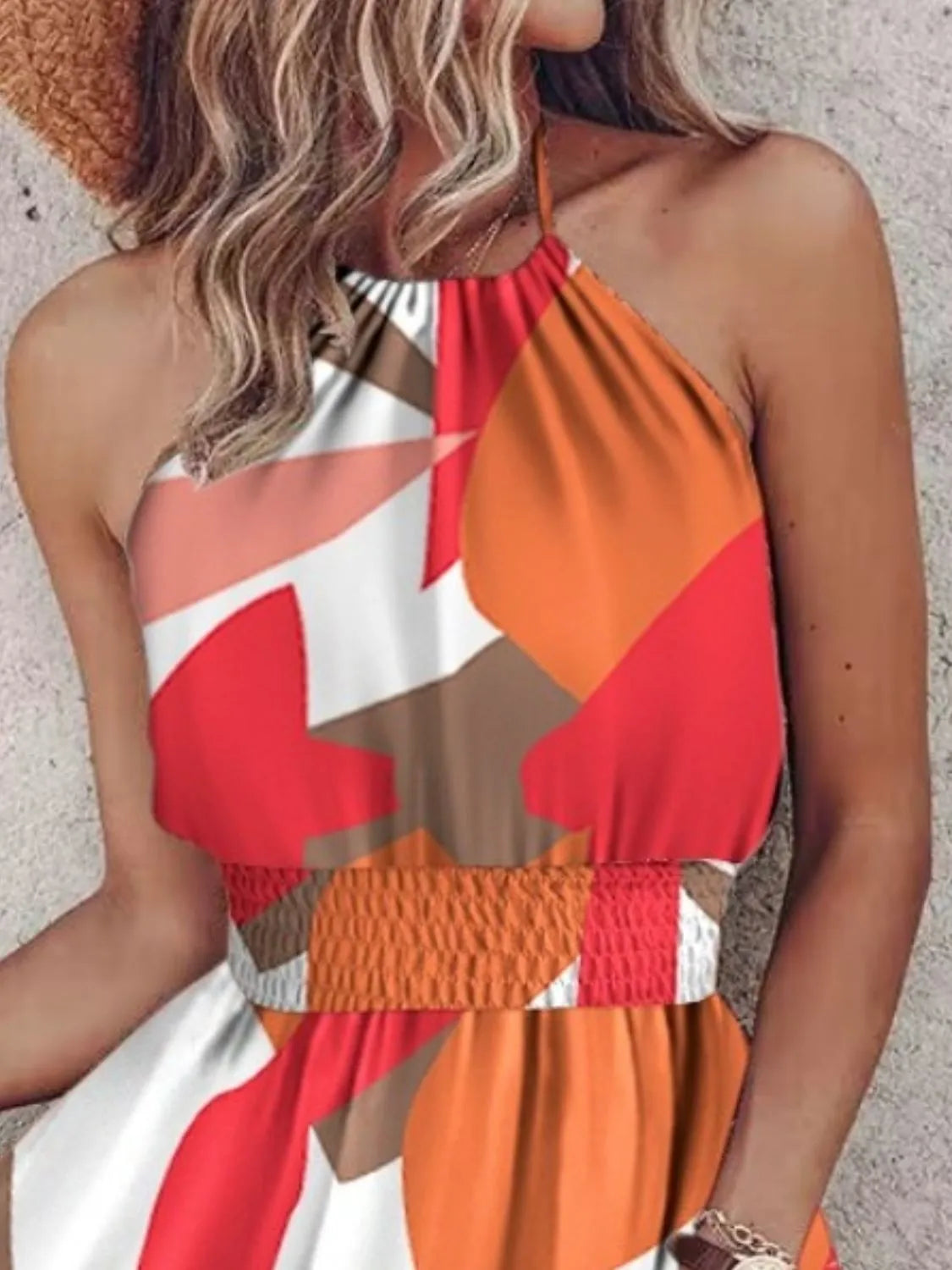 Paisley Print Halter Neck Mini Dress by Belle Bijouix, orange and red abstract print with smocked waist
