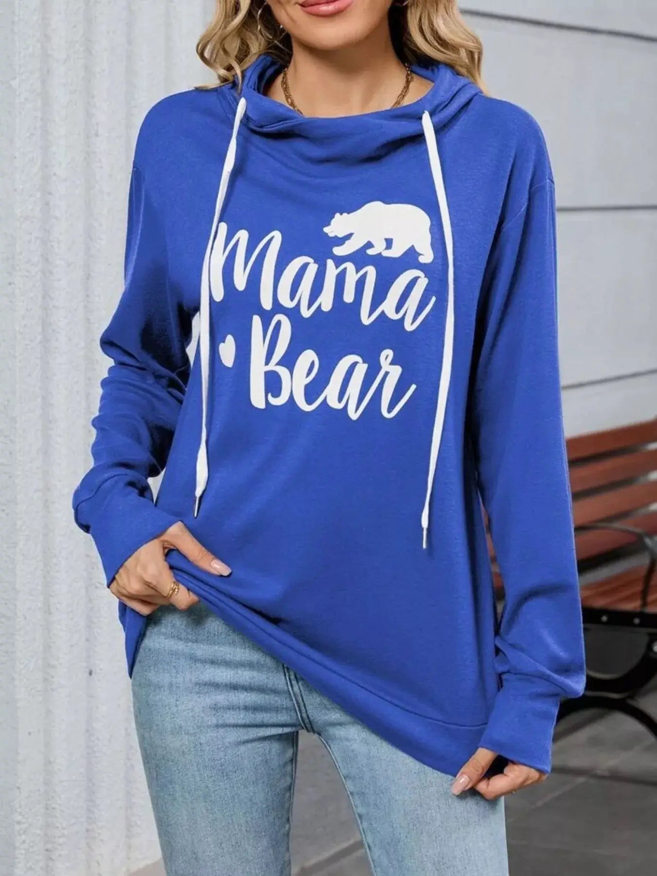 Letter Drawstring Long Sleeve Hoodie in blue with white drawstrings and Mama Bear graphic