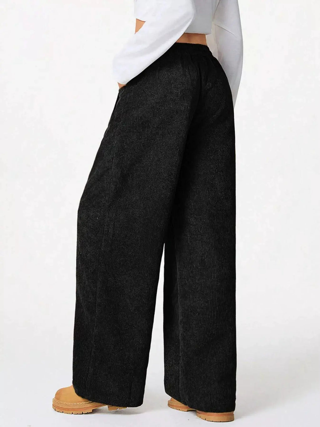Casual Corduroy Wide Leg Pants in black with drawstring waist and pockets