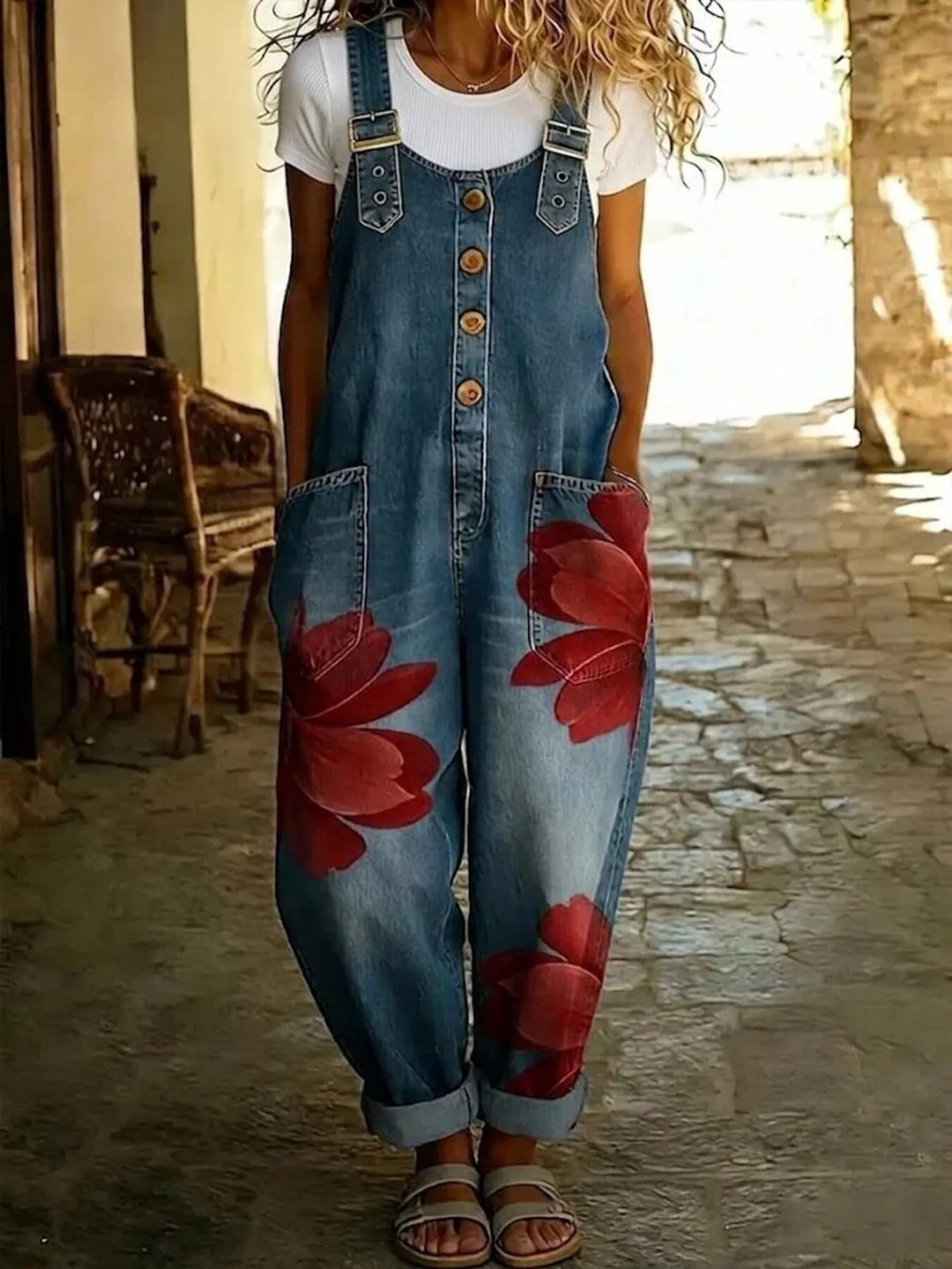 Floral Print Button Front Overalls in Big Red Flower by Belle Bijouix – view 1 of 9