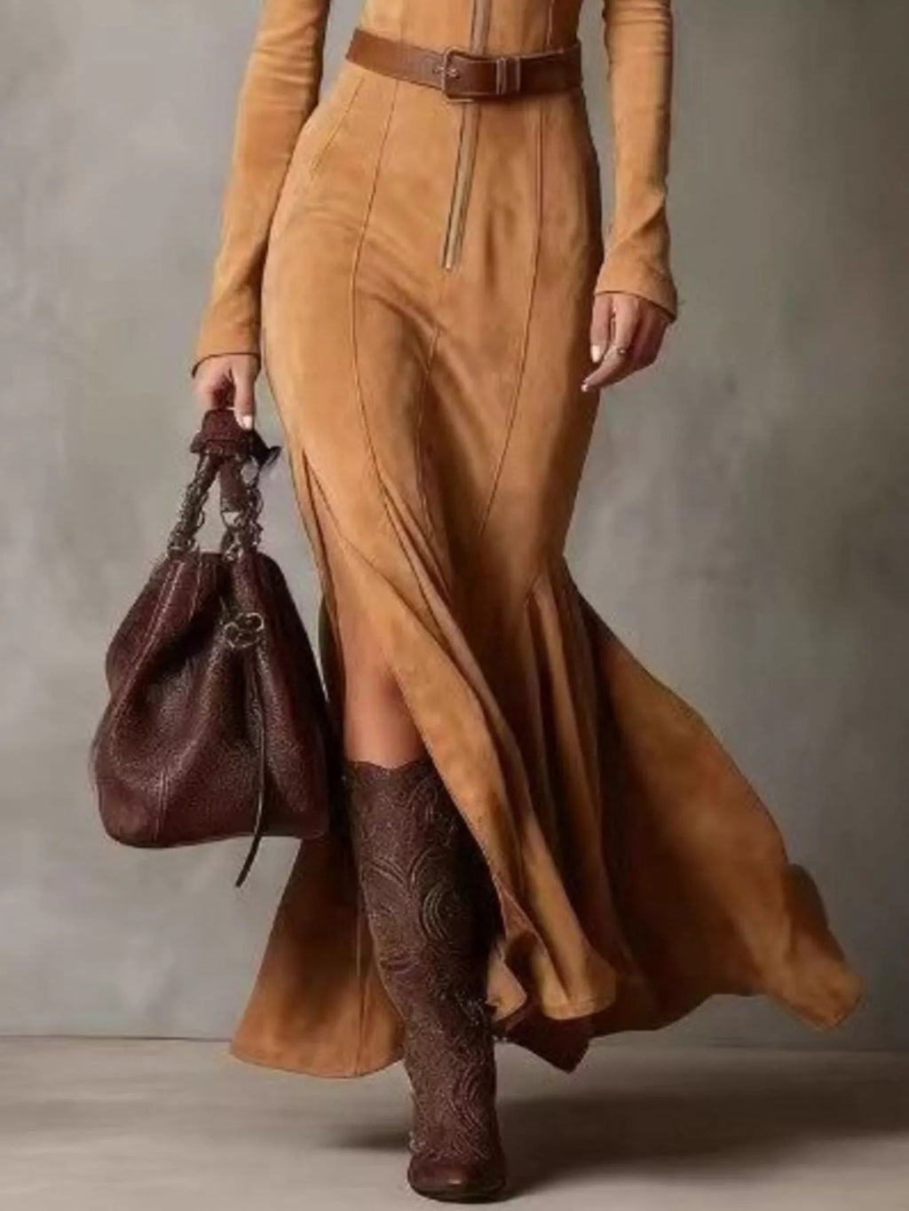 Plus-size belted zip-front slit long-sleeve dress in tan suede-like fabric