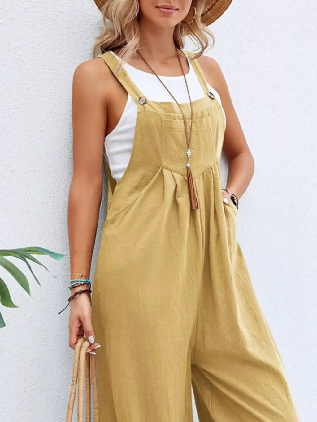Overalls, plus-size wide-leg mustard-yellow with pockets