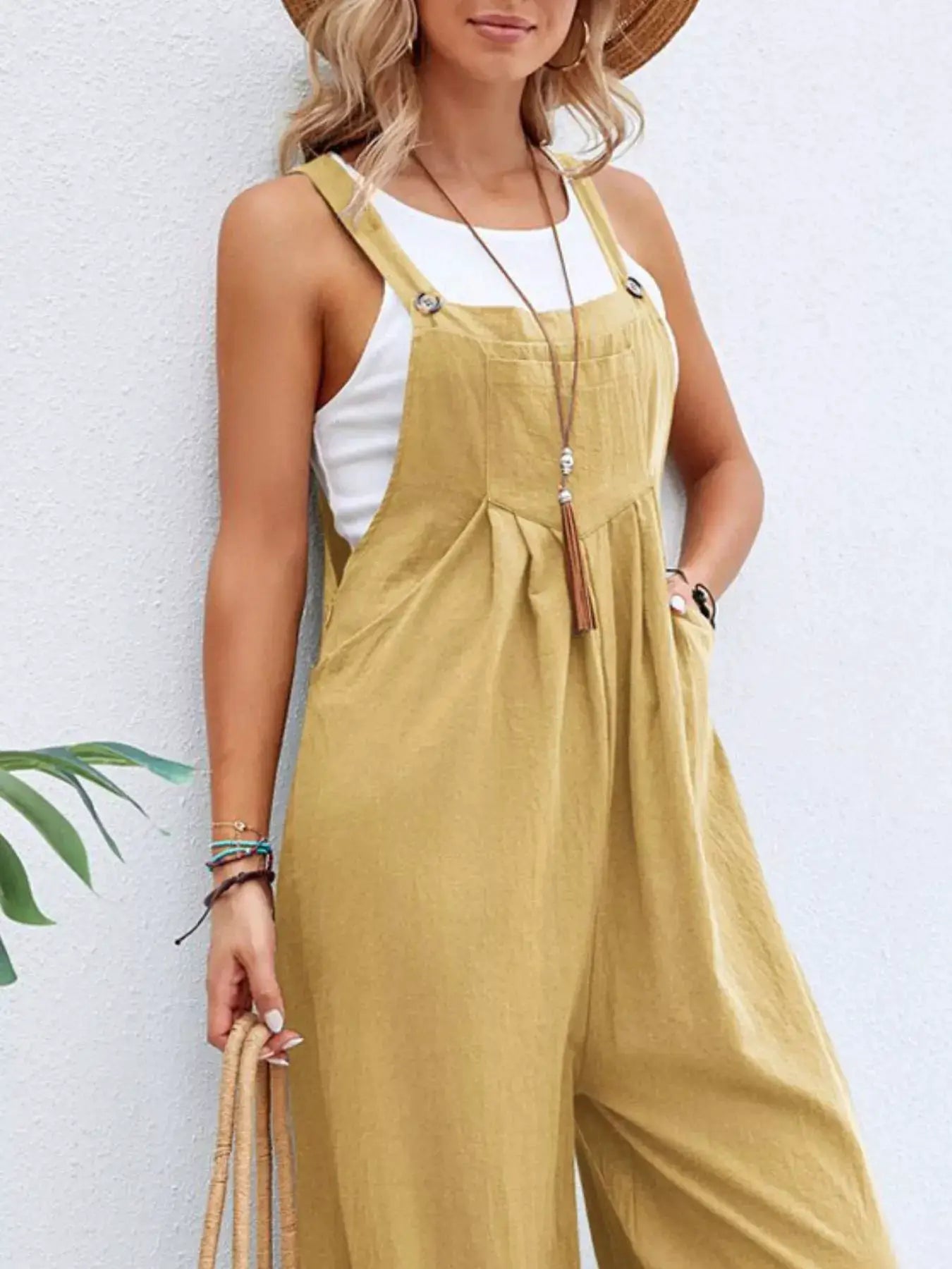 Overalls, plus-size wide-leg mustard-yellow with pockets