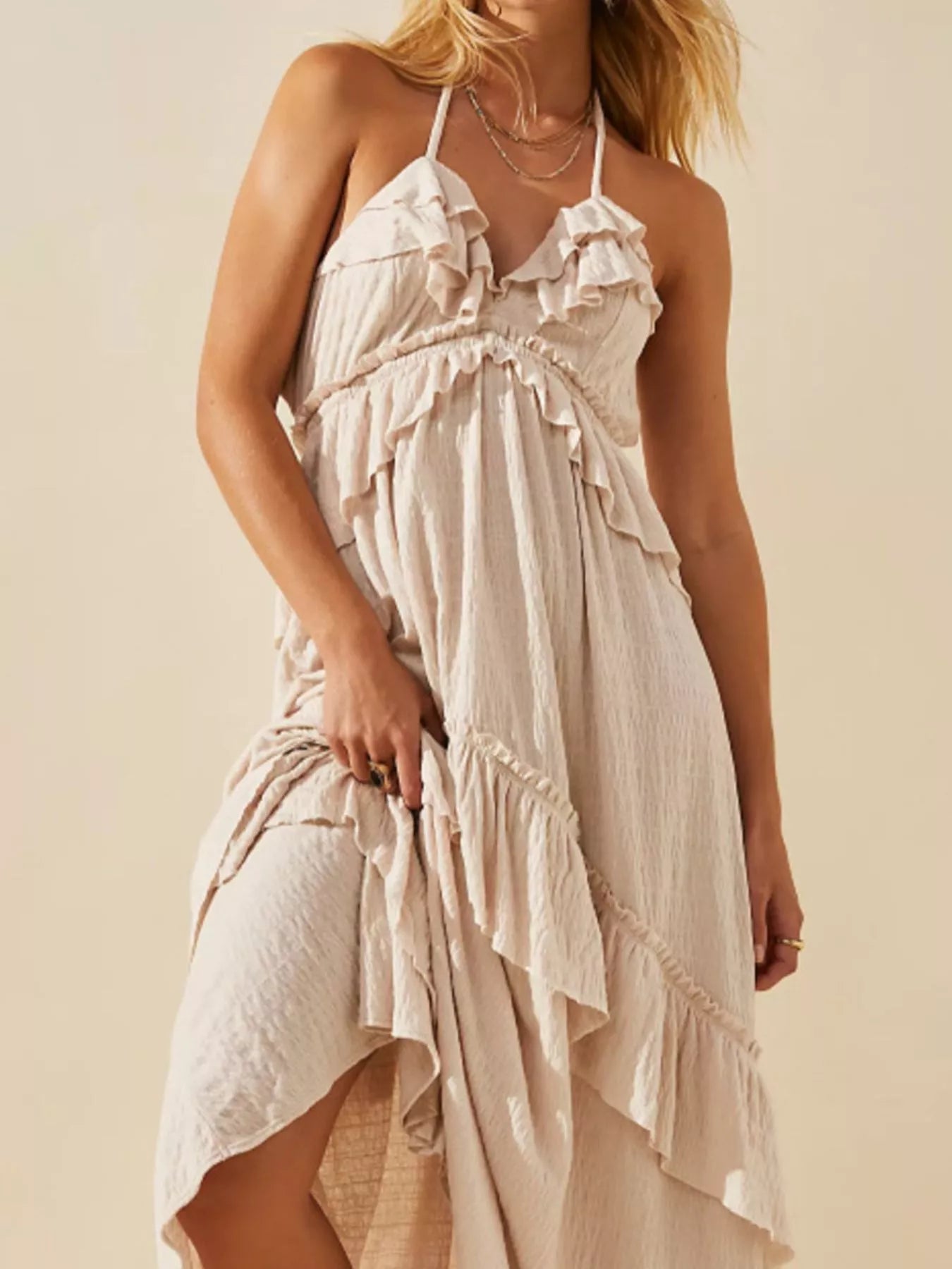 Belle Bijouix beige ruffled halter-neck maxi dress with tiered hem