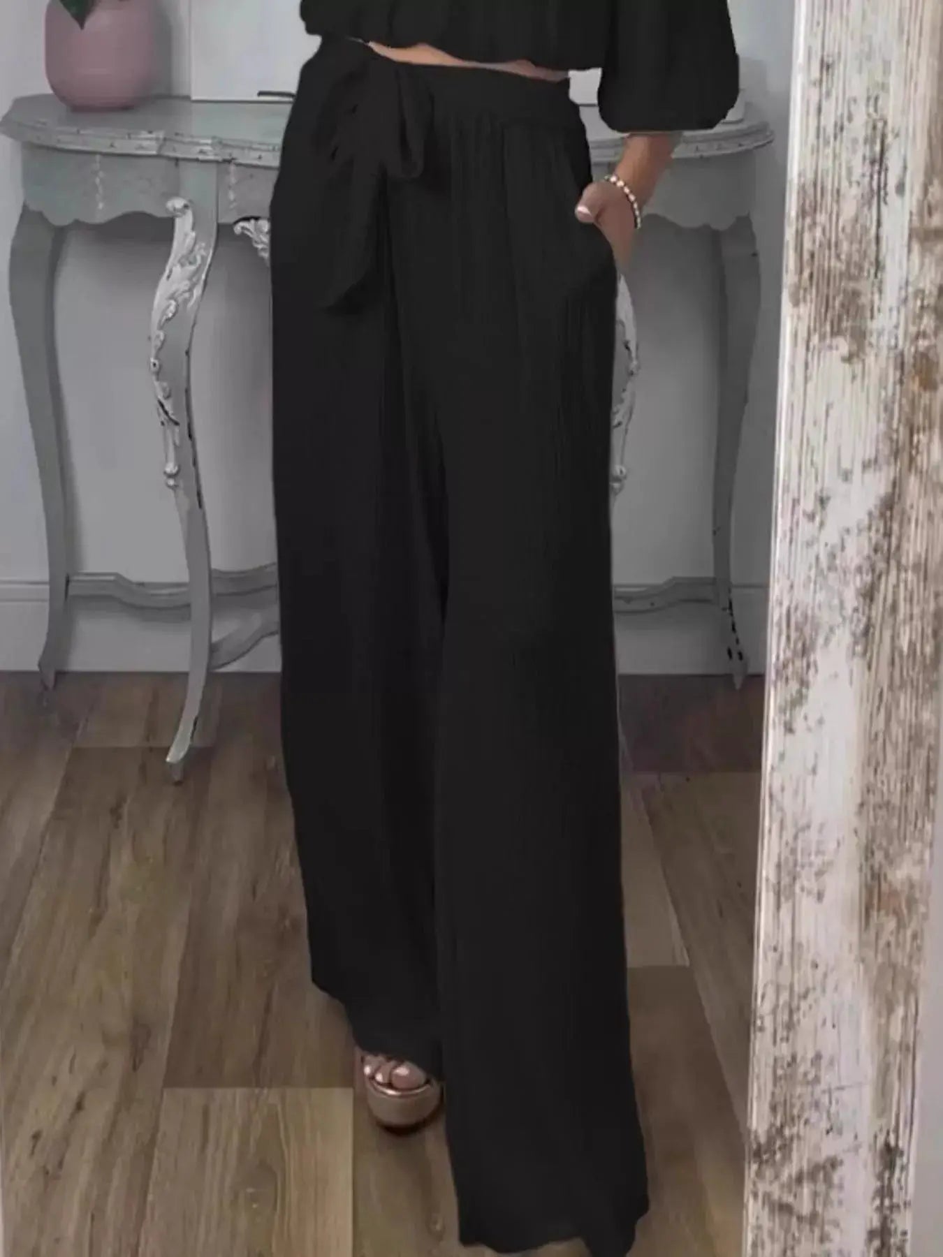 Full-Size Off-Shoulder Top and Pants Set, black two-piece active-loungewear with tie waist