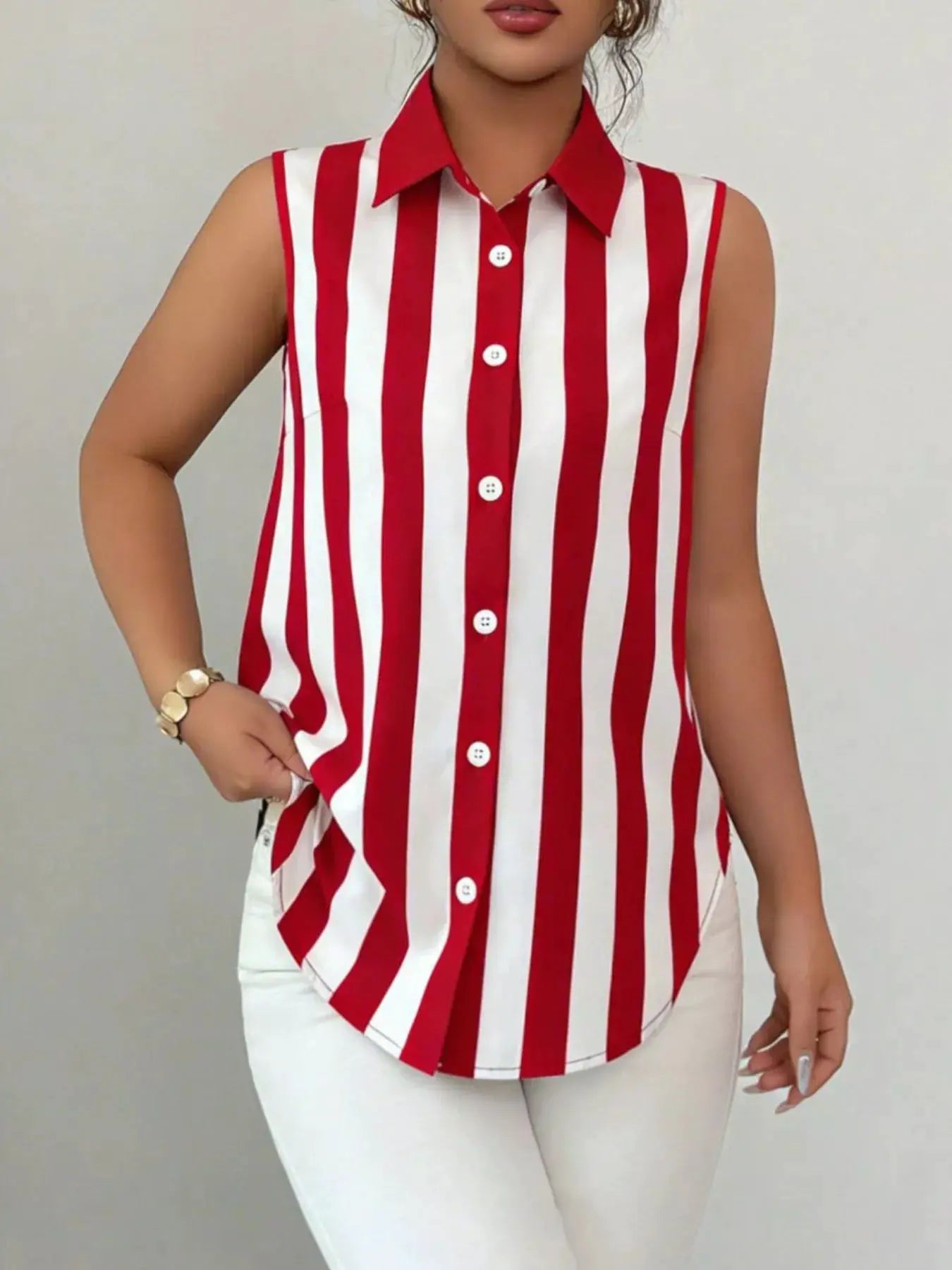 Button Up Sleeveless Shirt in red and white vertical stripes by Belle Bijouix, tops