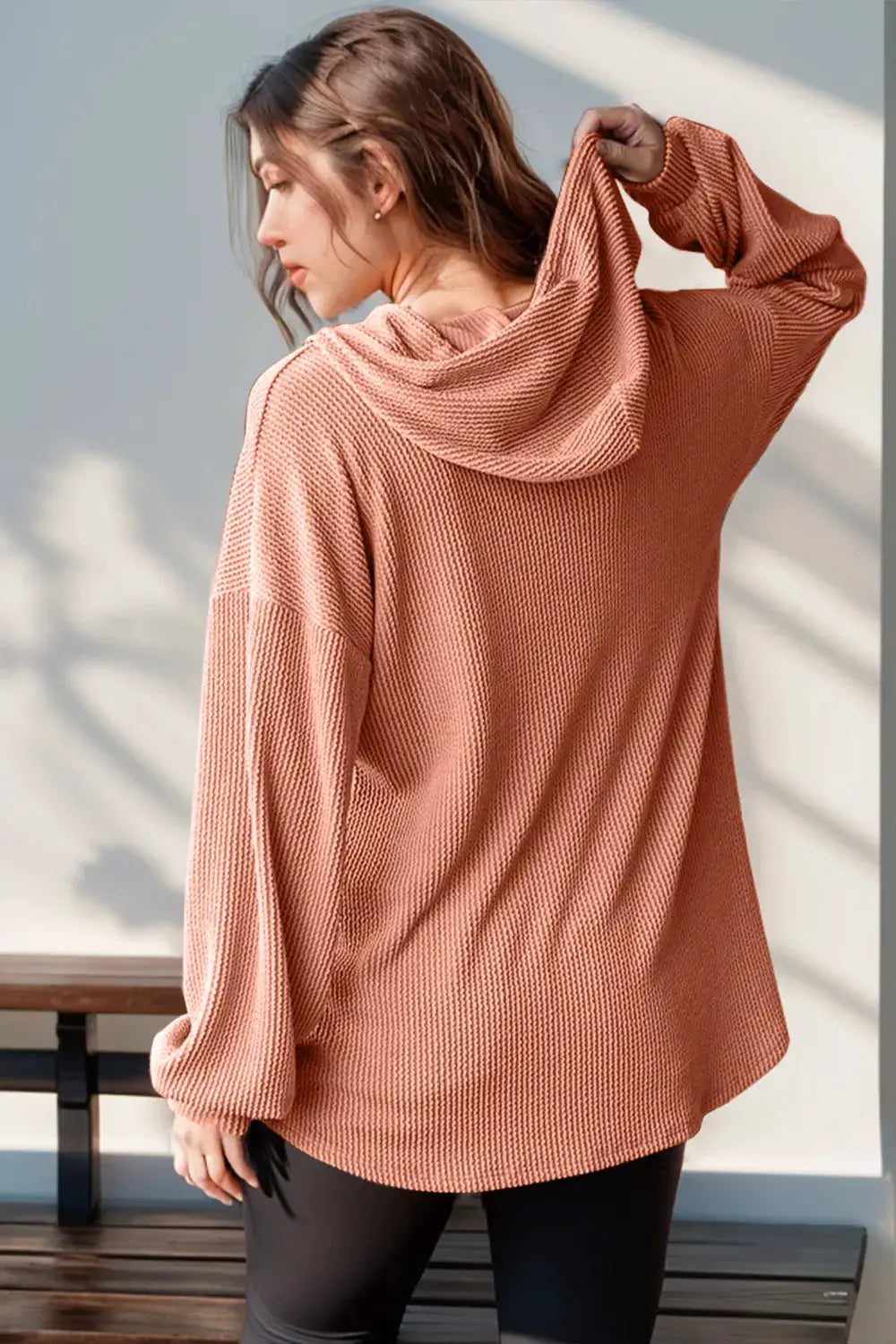 Double Take Full Size Half Button Long Sleeve Hoodie, dusty rose knit sweatshirt by Belle Bijouix