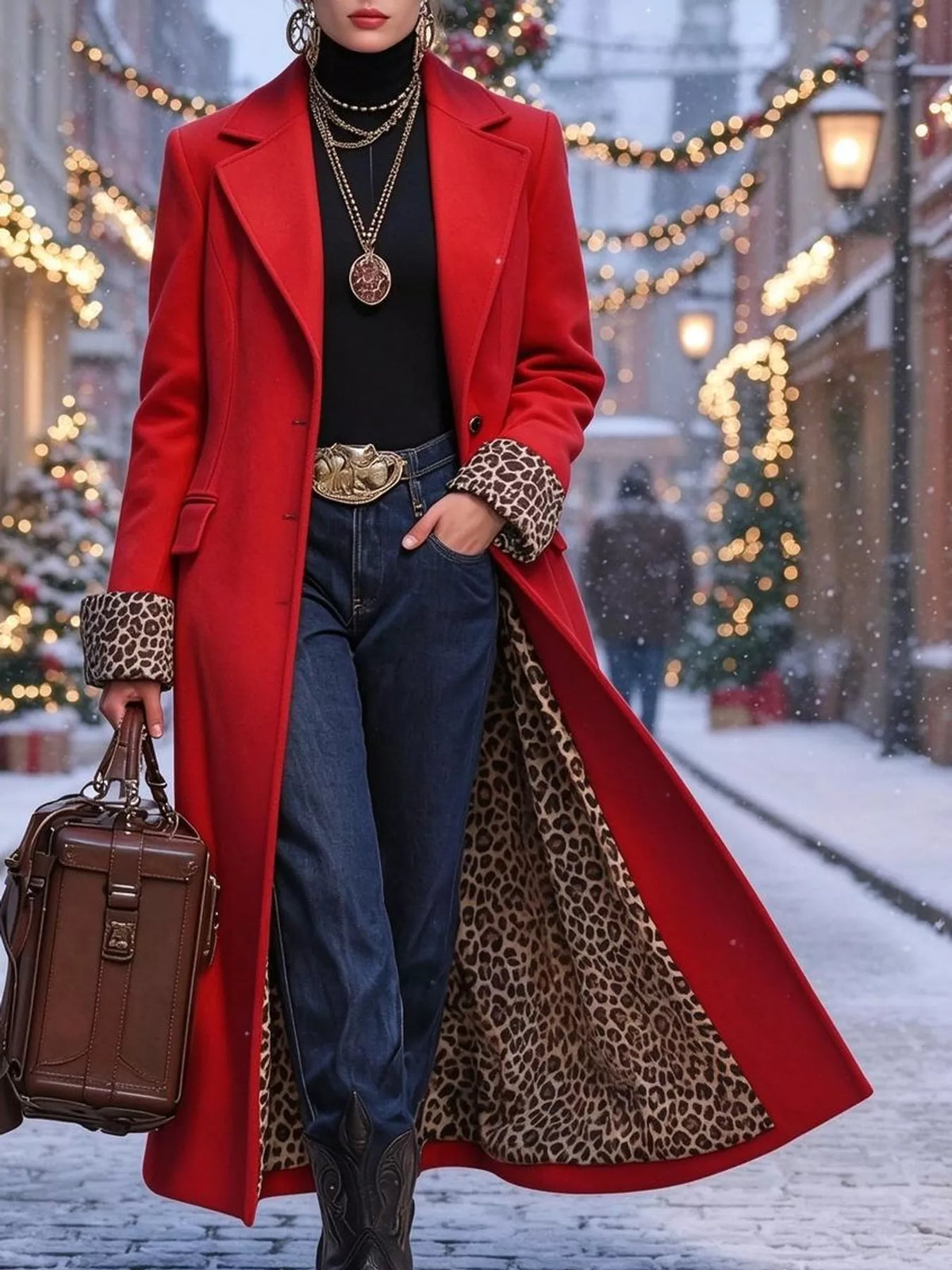 Leopard-Lined Longline Coat in Red by Belle Bijouix – view 12 of 13