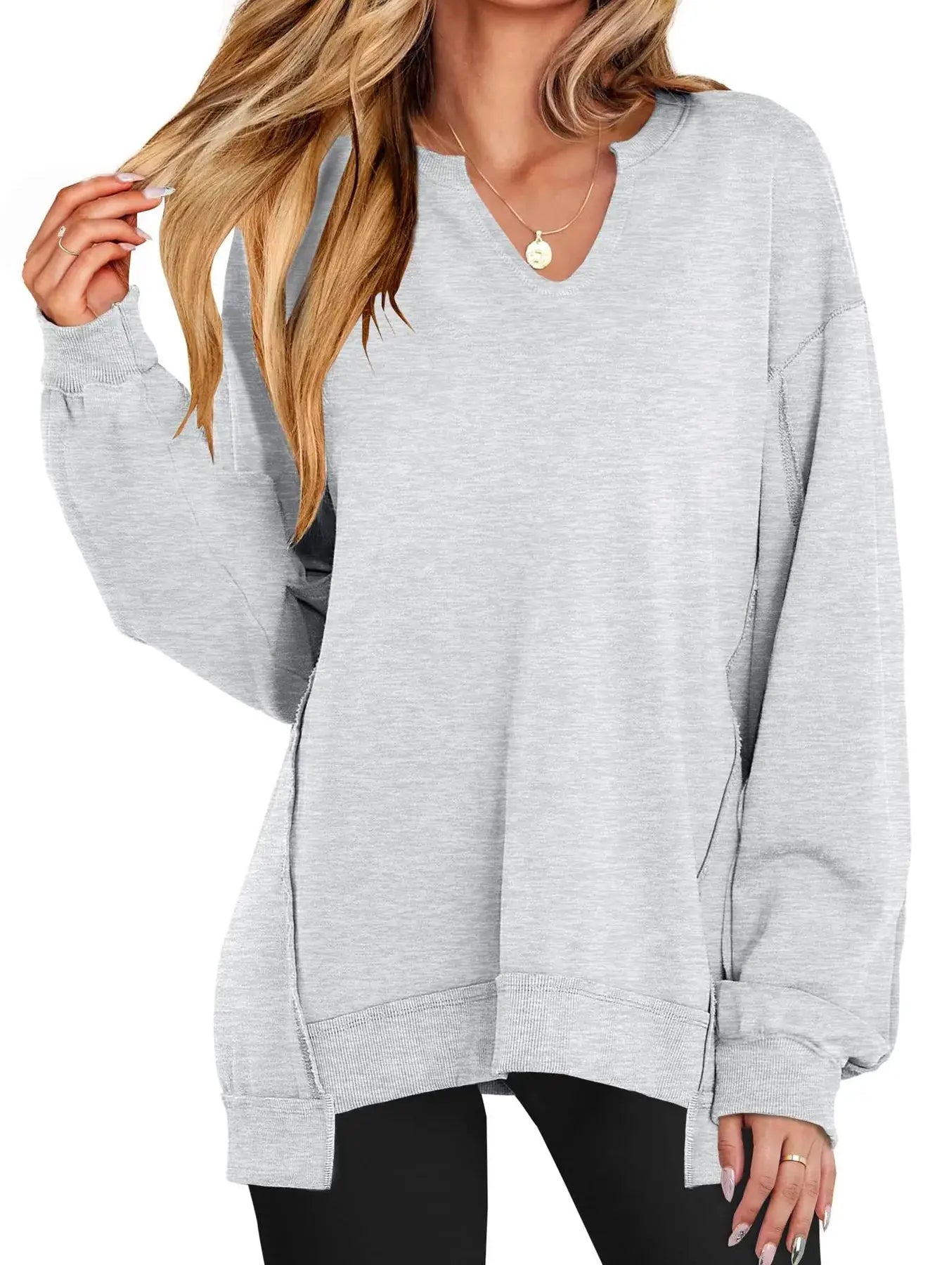 Belle Bijouix notched long sleeve oversized light gray sweatshirt