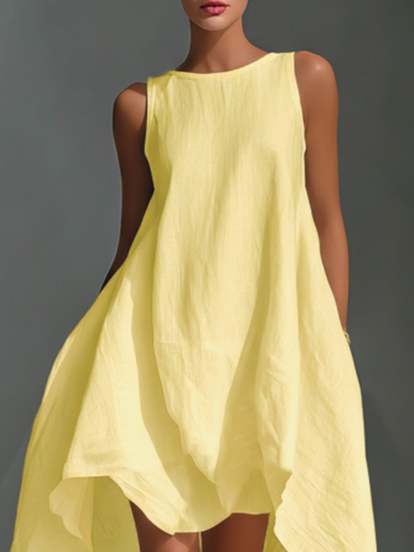 Sleeveless High-Low Hem Dress in pale yellow linen-like fabric
