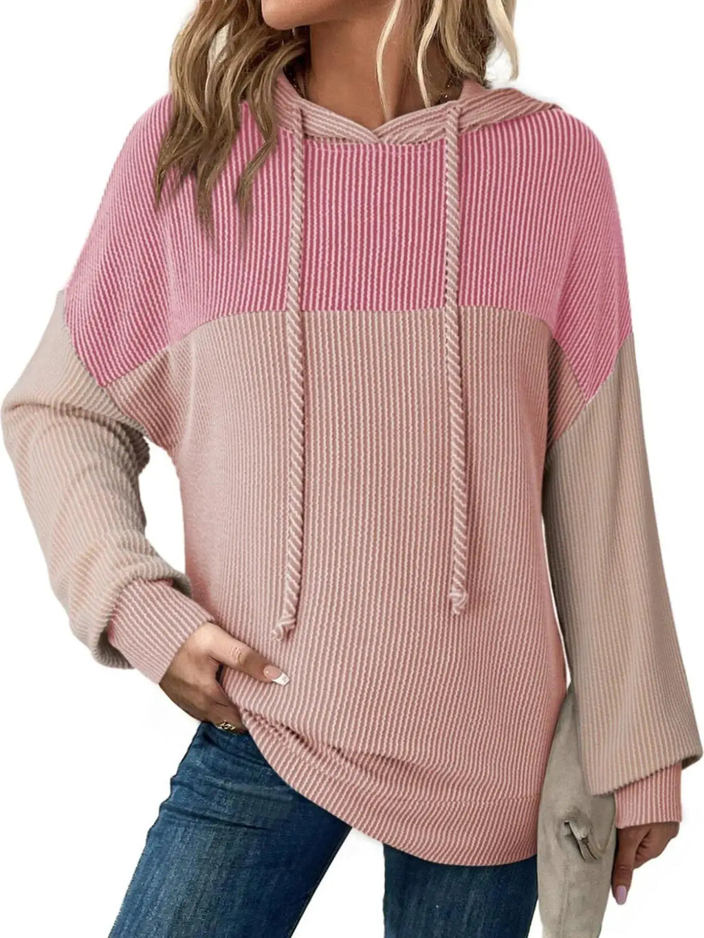 Drawstring color-block hoodie in pink tones; knit long-sleeve top with pink-beige gradient.