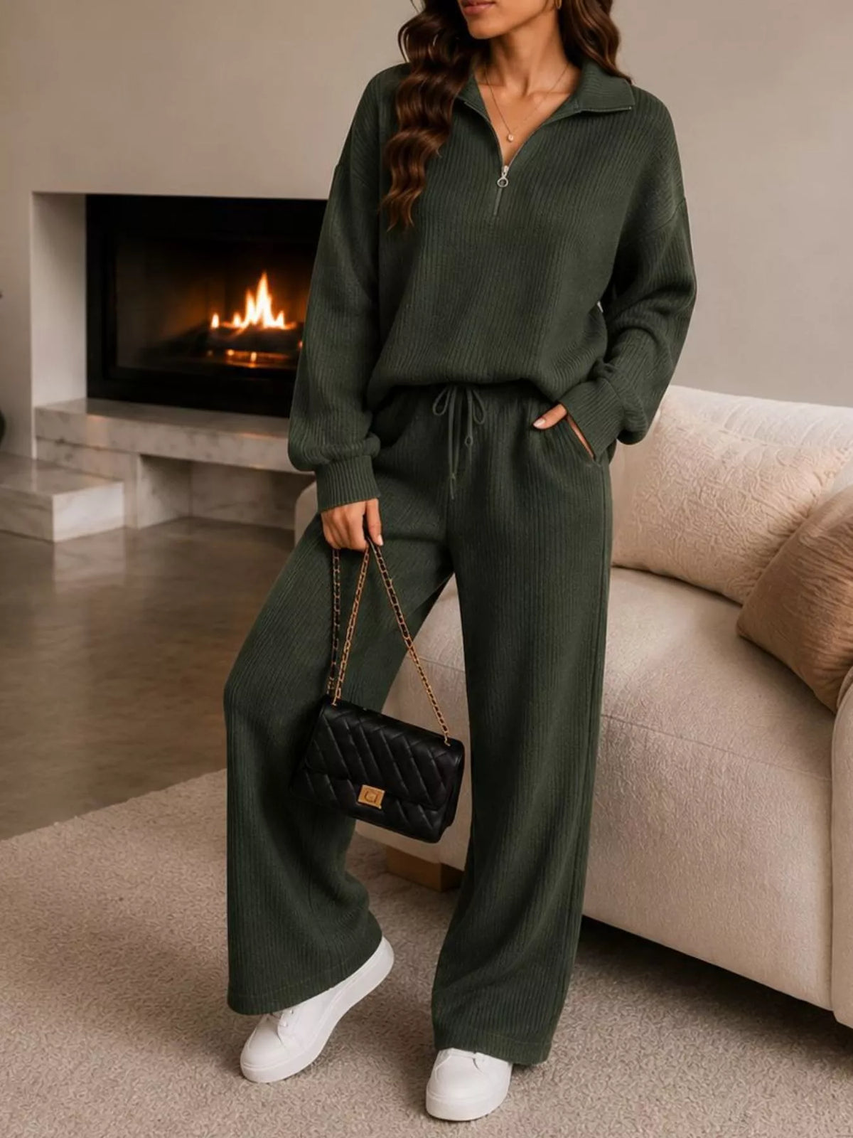 Ribbed Knit Quarter-Zip & Wide-Leg Pants Set by Belle Bijouix – view 15 of 16