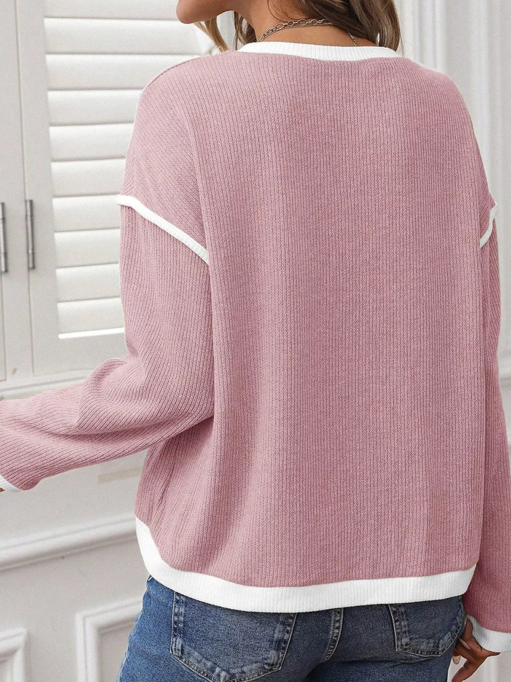 Contrast Color Trim Knit Drop Shoulder Loose Top pink knit sweater with white trim, back view