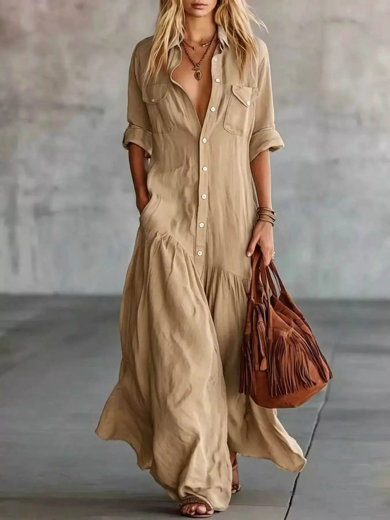 Plus Size Maxi Dress by Belle Bijouix, beige button-front dress with roll-up sleeves and pockets