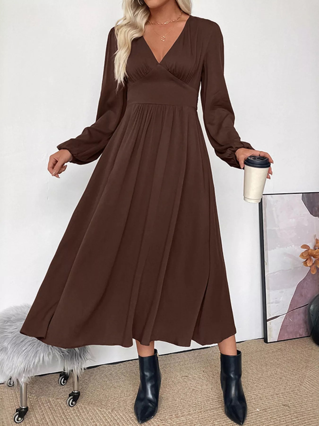 V-Neck Balloon Sleeve Midi Dress in brown with a flowing midi skirt and gathered waist