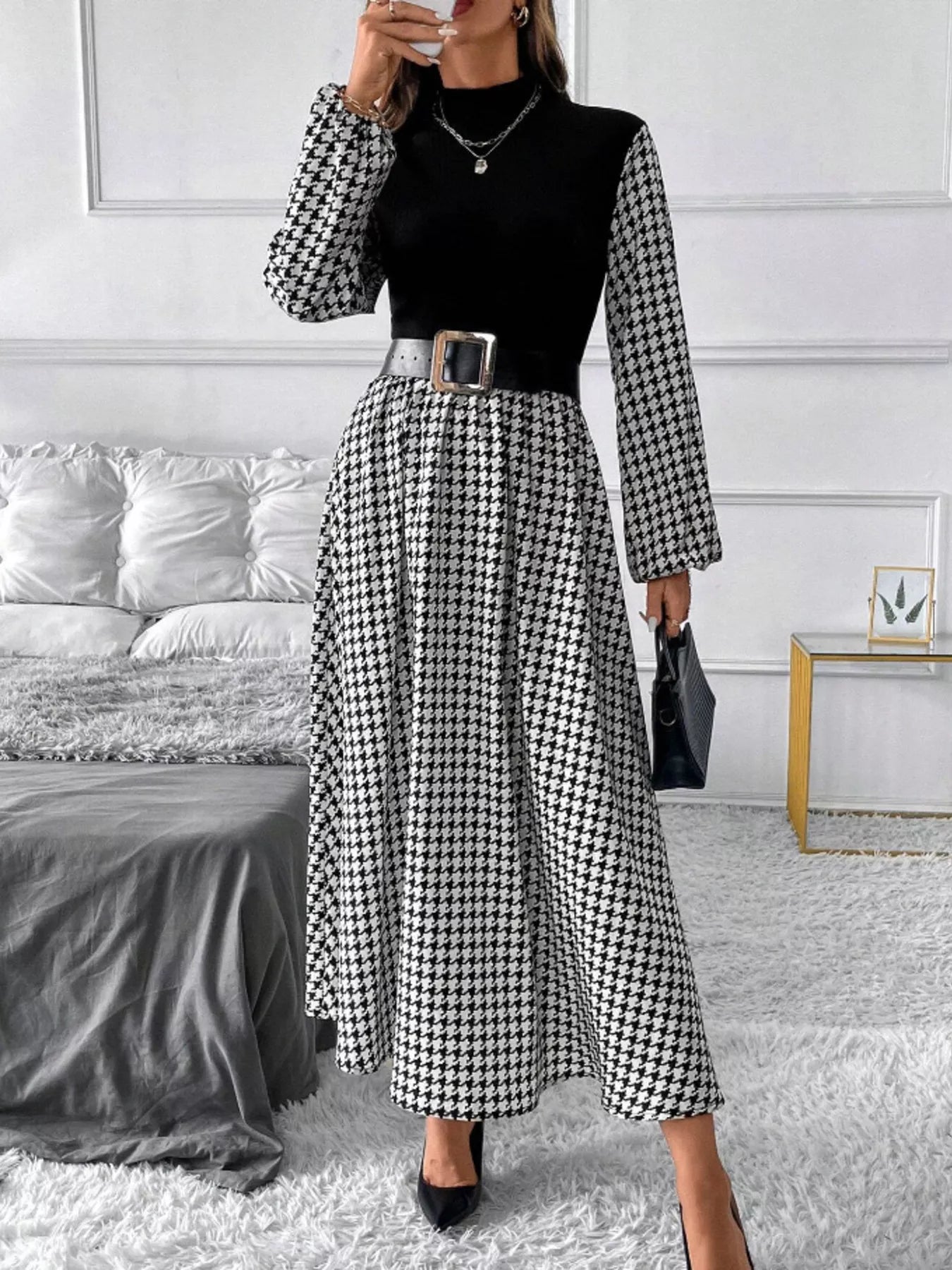 Houndstooth Mock Neck A-Line Dress with black bodice, long houndstooth sleeves, and belt.
