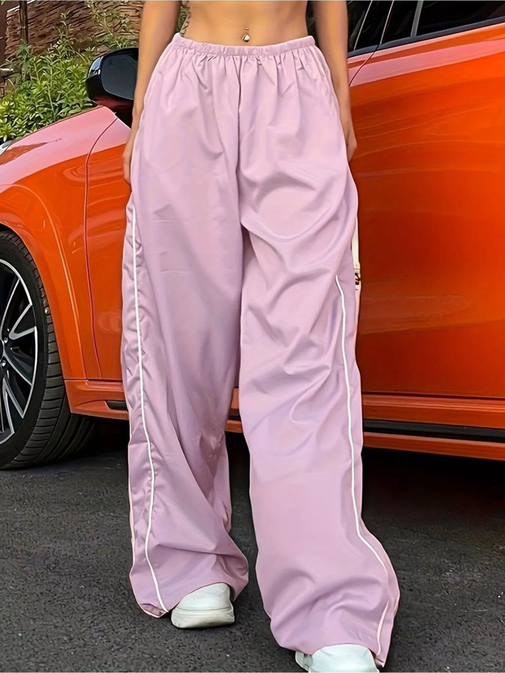 Elastic Waist Wide Leg Pants by Trendsi in lavender pink with white piping.
