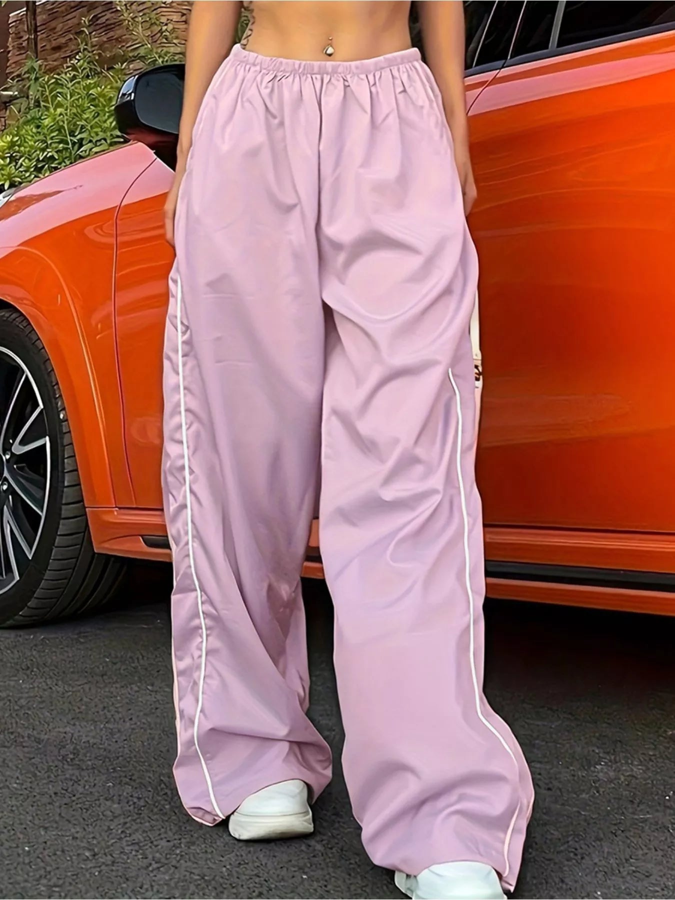 Elastic Waist Wide Leg Pants by Trendsi in lavender pink with white piping.